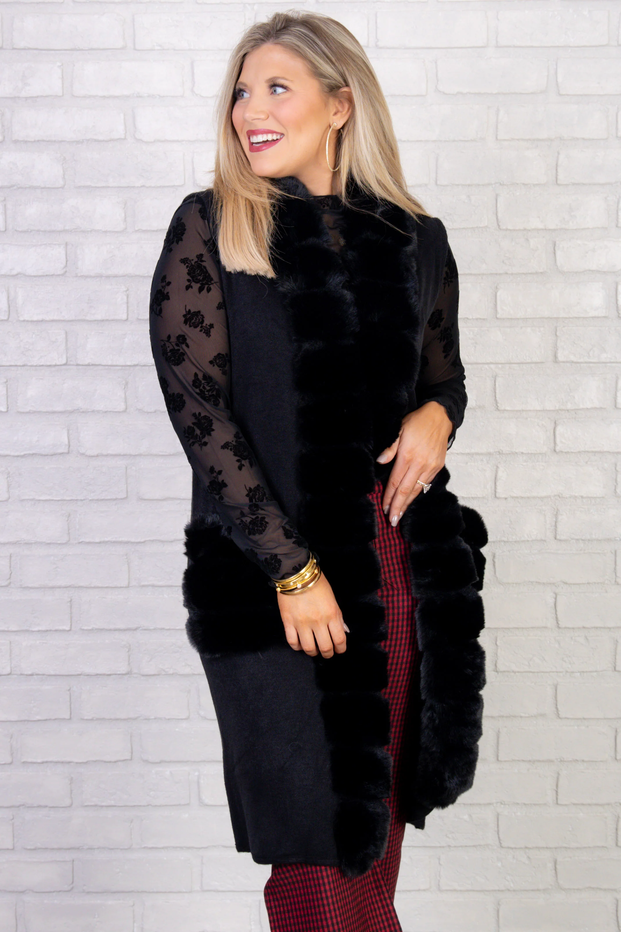 Dorothy Fur Long Black Sleeveless Vest