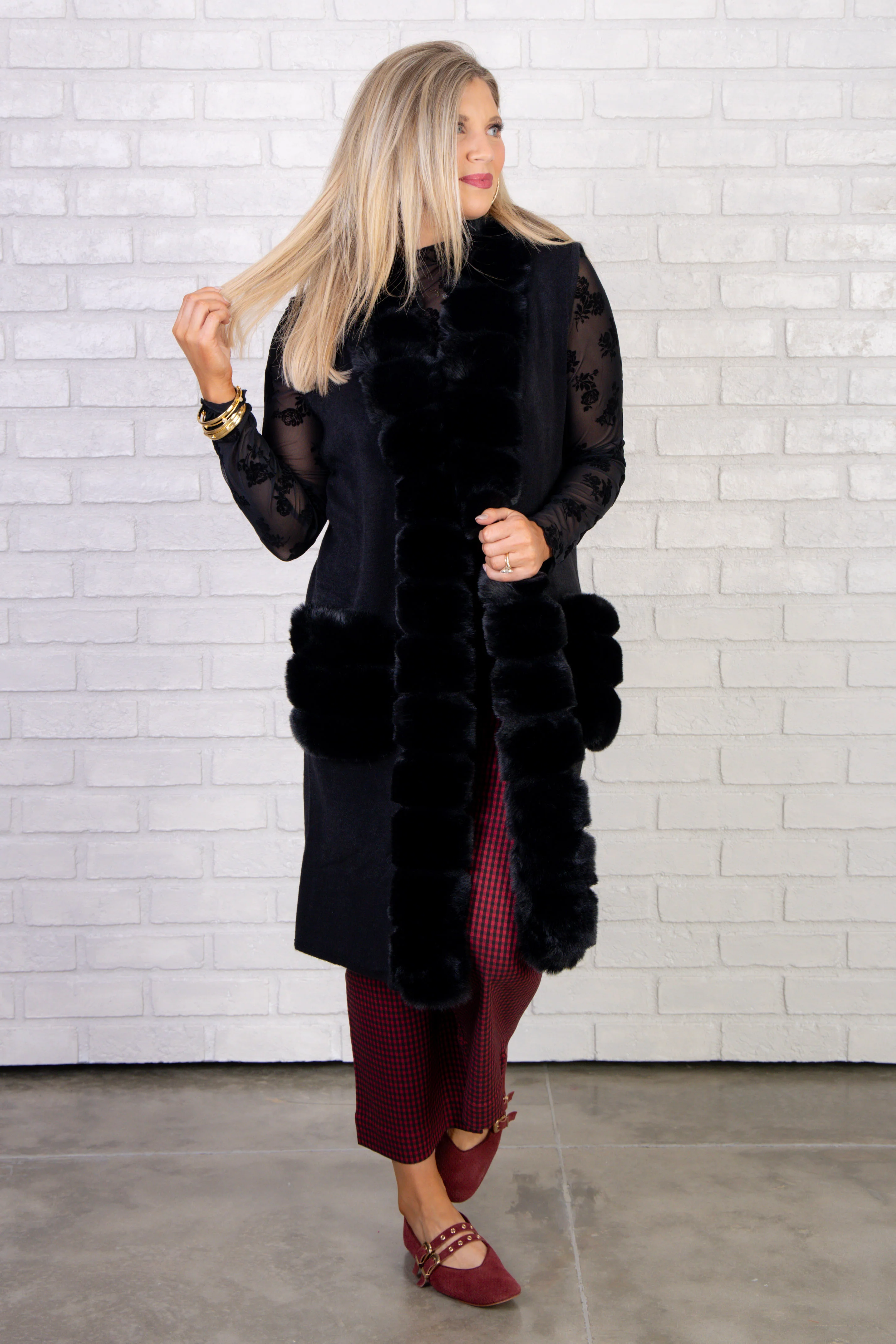 Dorothy Fur Long Black Sleeveless Vest - Image 2