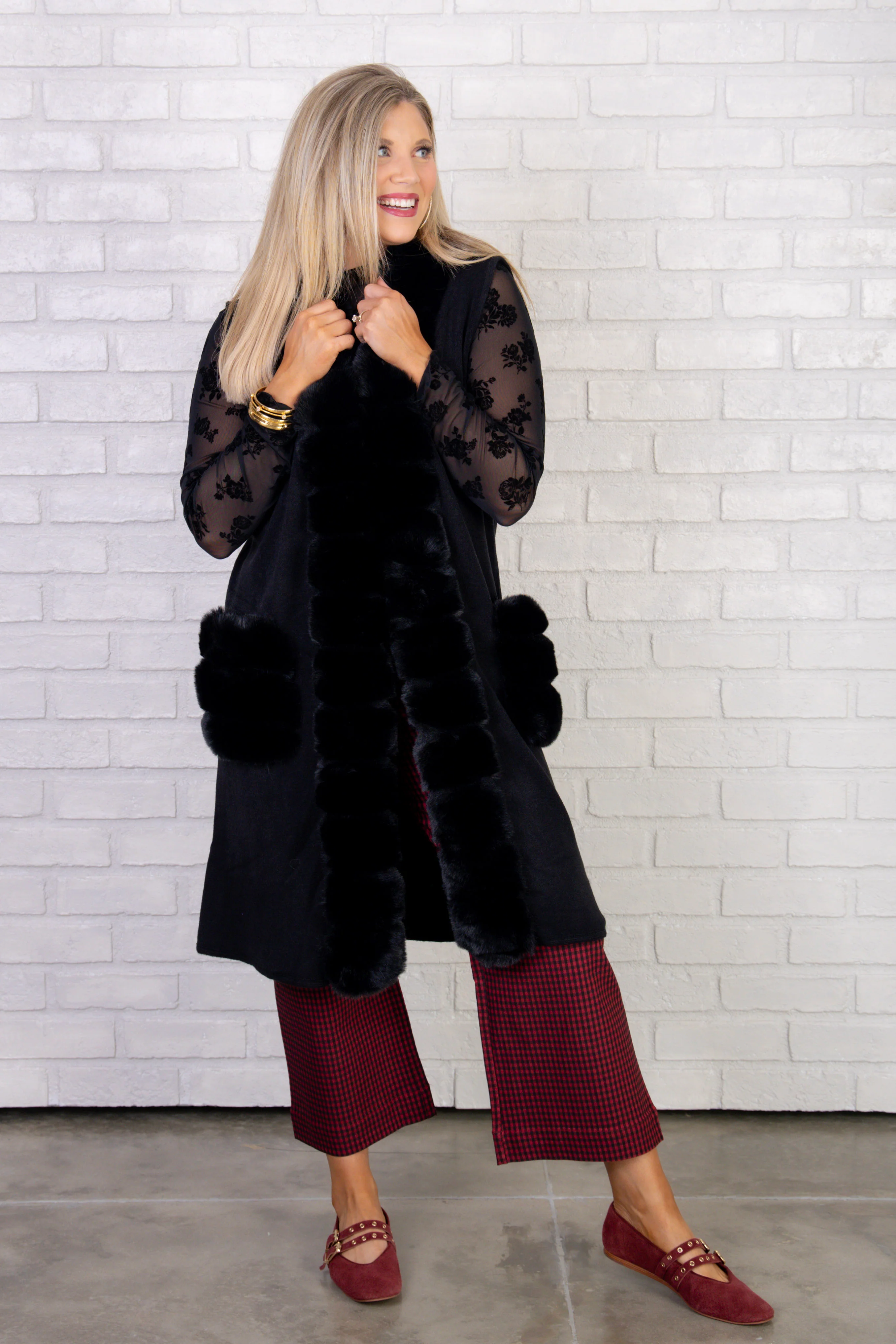 Dorothy Fur Long Black Sleeveless Vest - Image 3