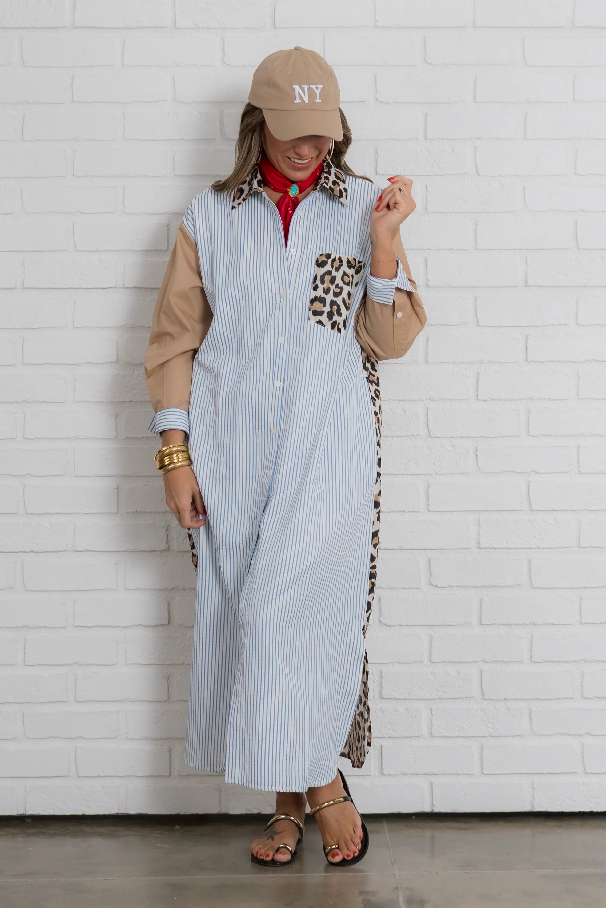 Leopard Detailing Long Sleeve Blue Midi Dress - Image 2