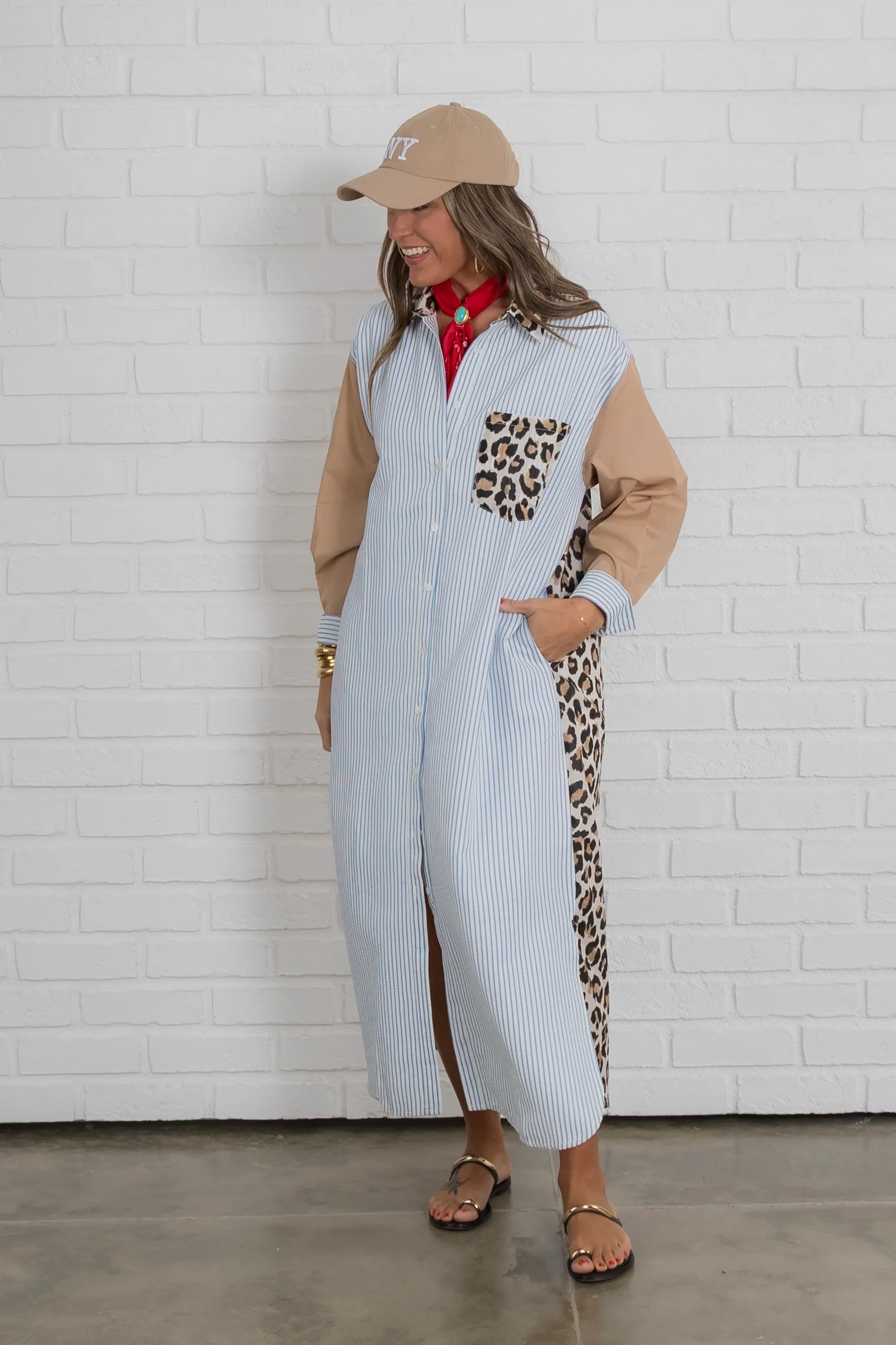 Leopard Detailing Long Sleeve Blue Midi Dress - Image 4