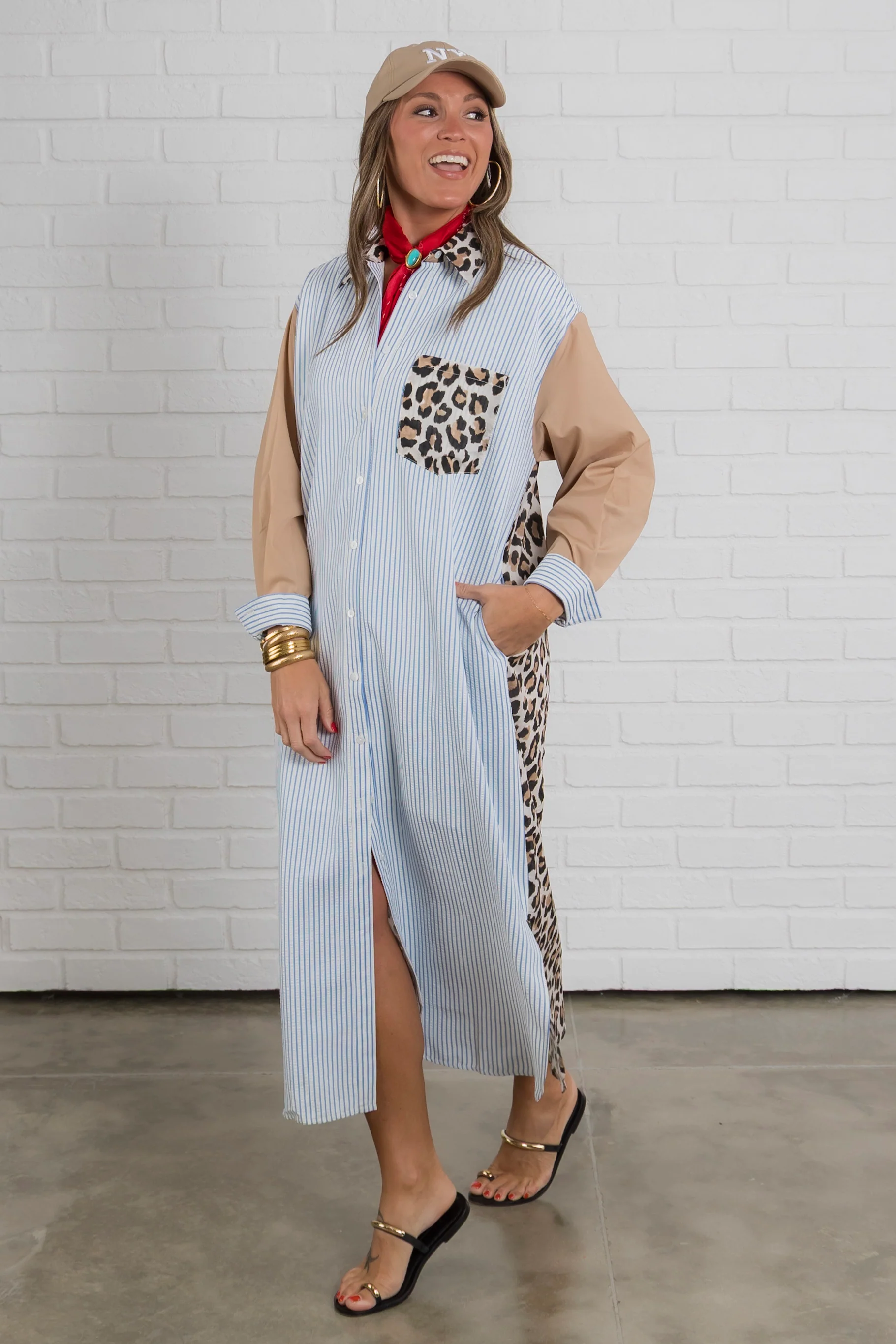 Leopard Detailing Long Sleeve Blue Midi Dress - Image 5