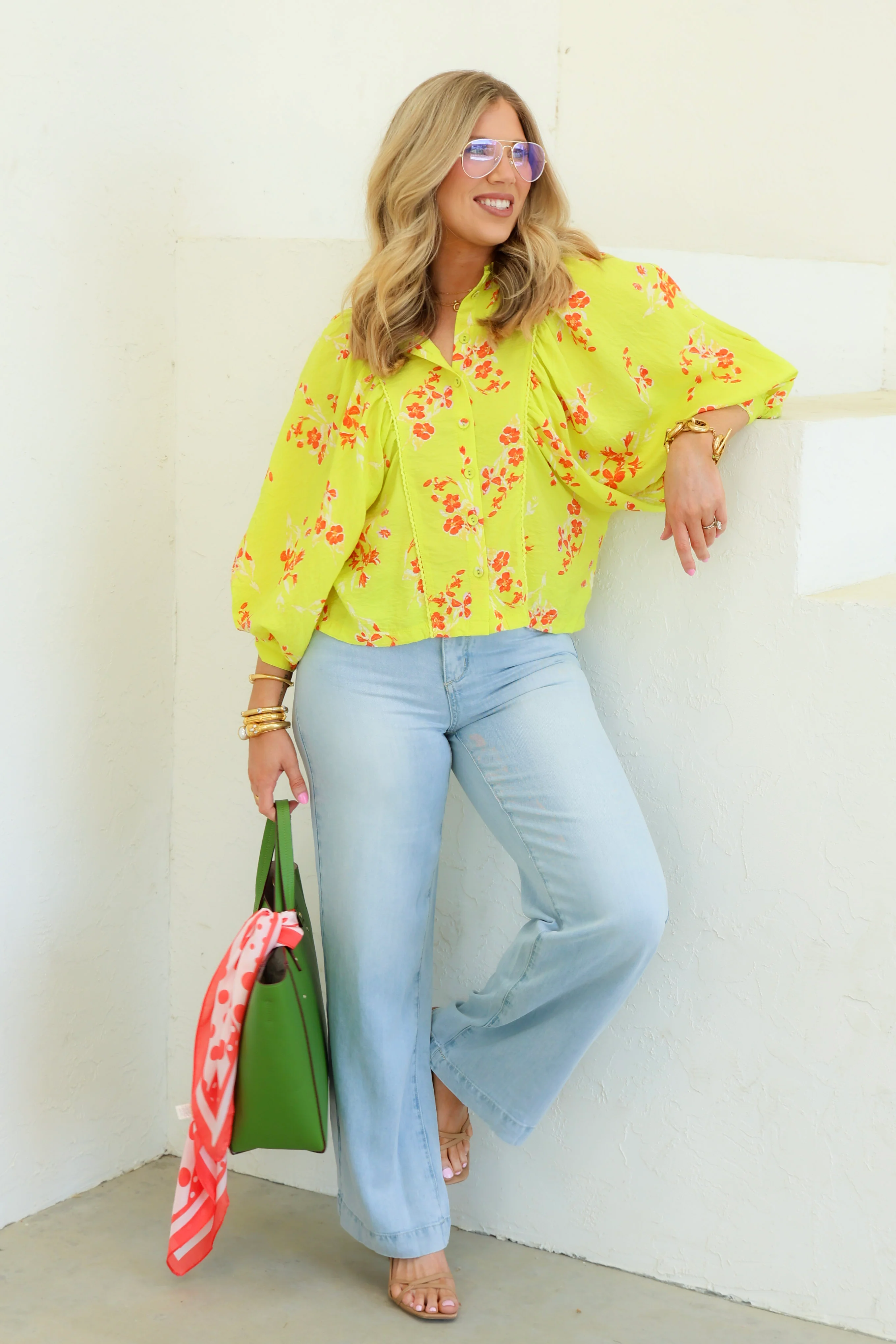 Mallie Electric Lime Floral 3/4 Sleeve Blouse - Image 2