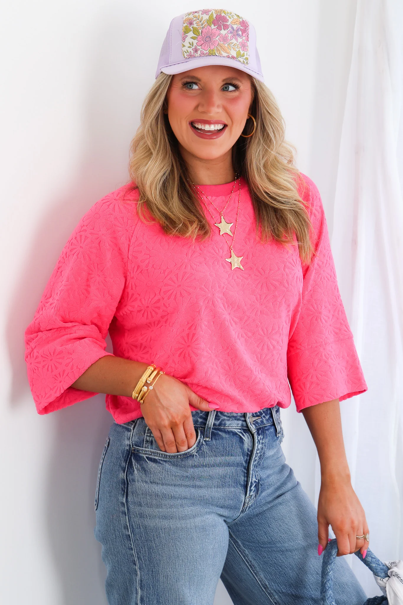 Casual Flow Floral Bubblegum Terry Short Sleeve Top - Image 5