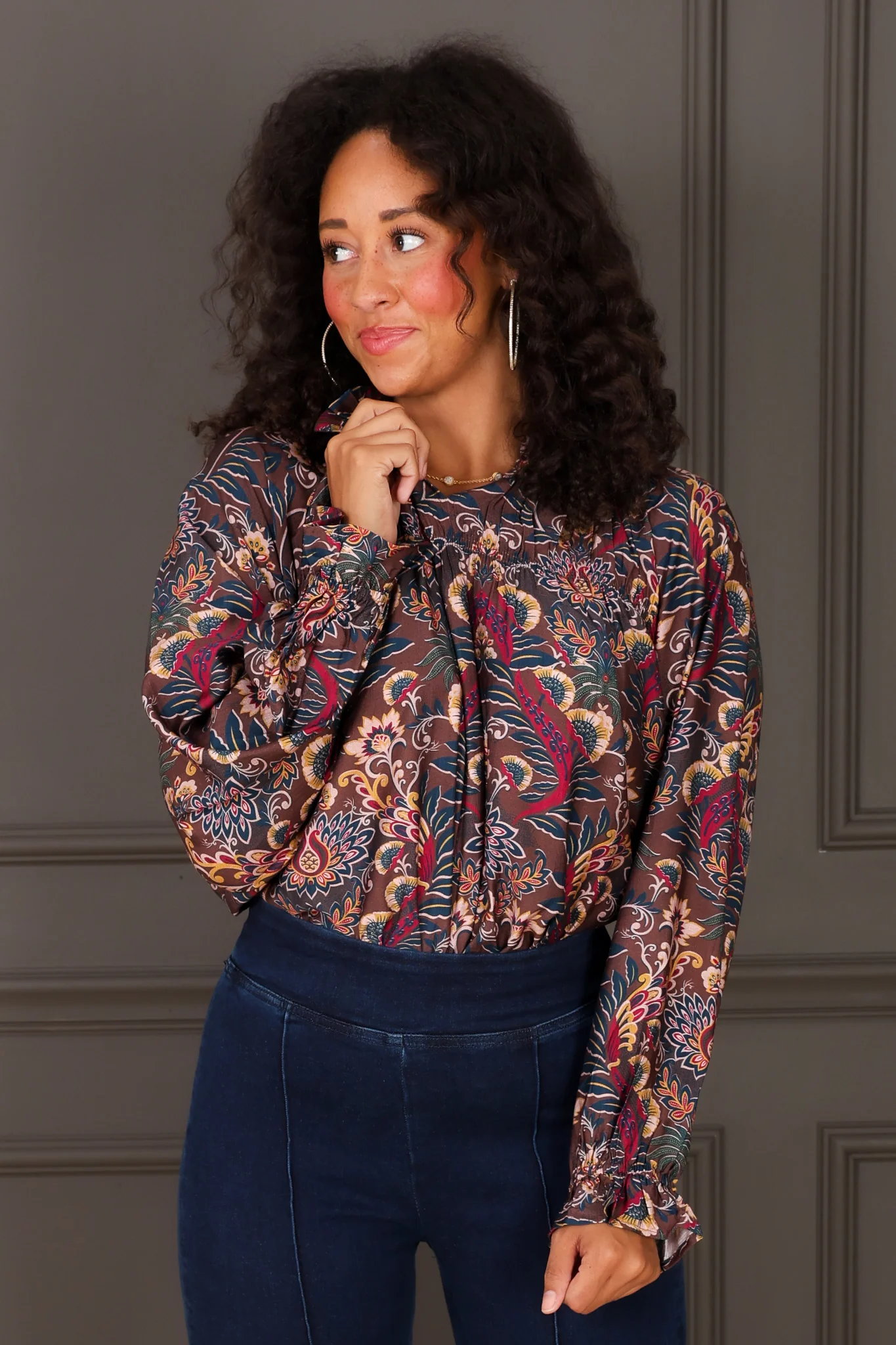 Tell the Time Floral Caramel Mix Long Sleeve Top - Image 3