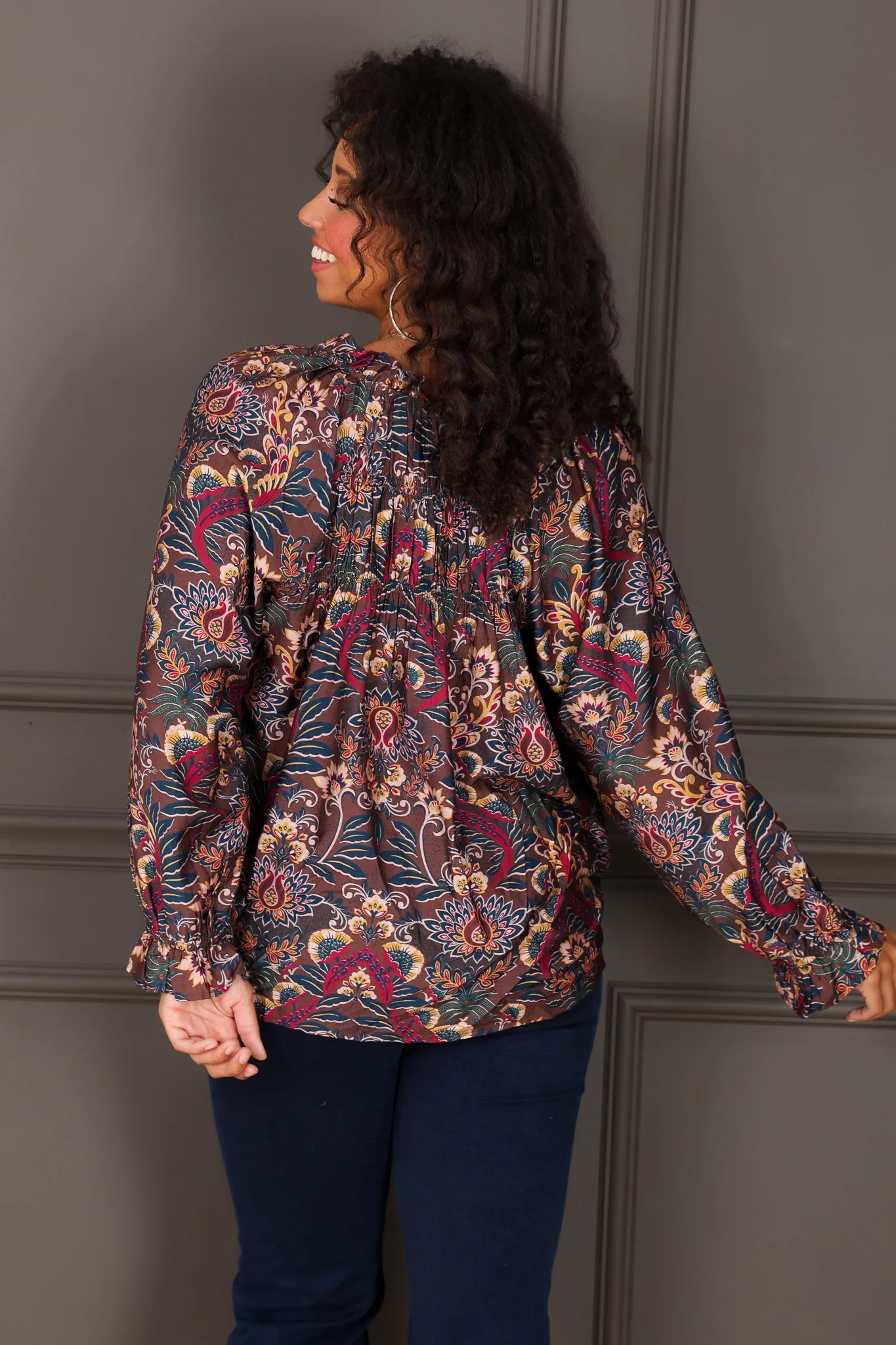 Tell the Time Floral Caramel Mix Long Sleeve Top - Image 5