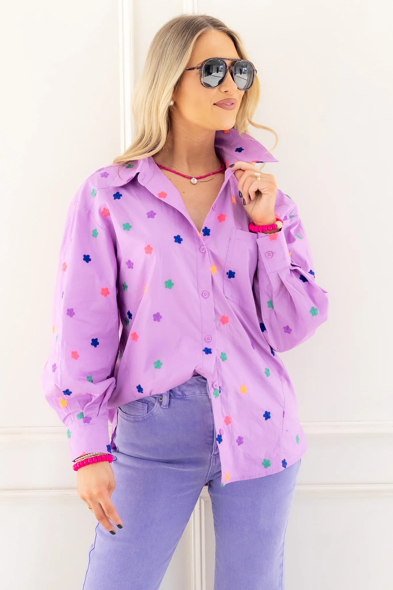 Landry Flower Embroidery Lavender Long Sleeve Top