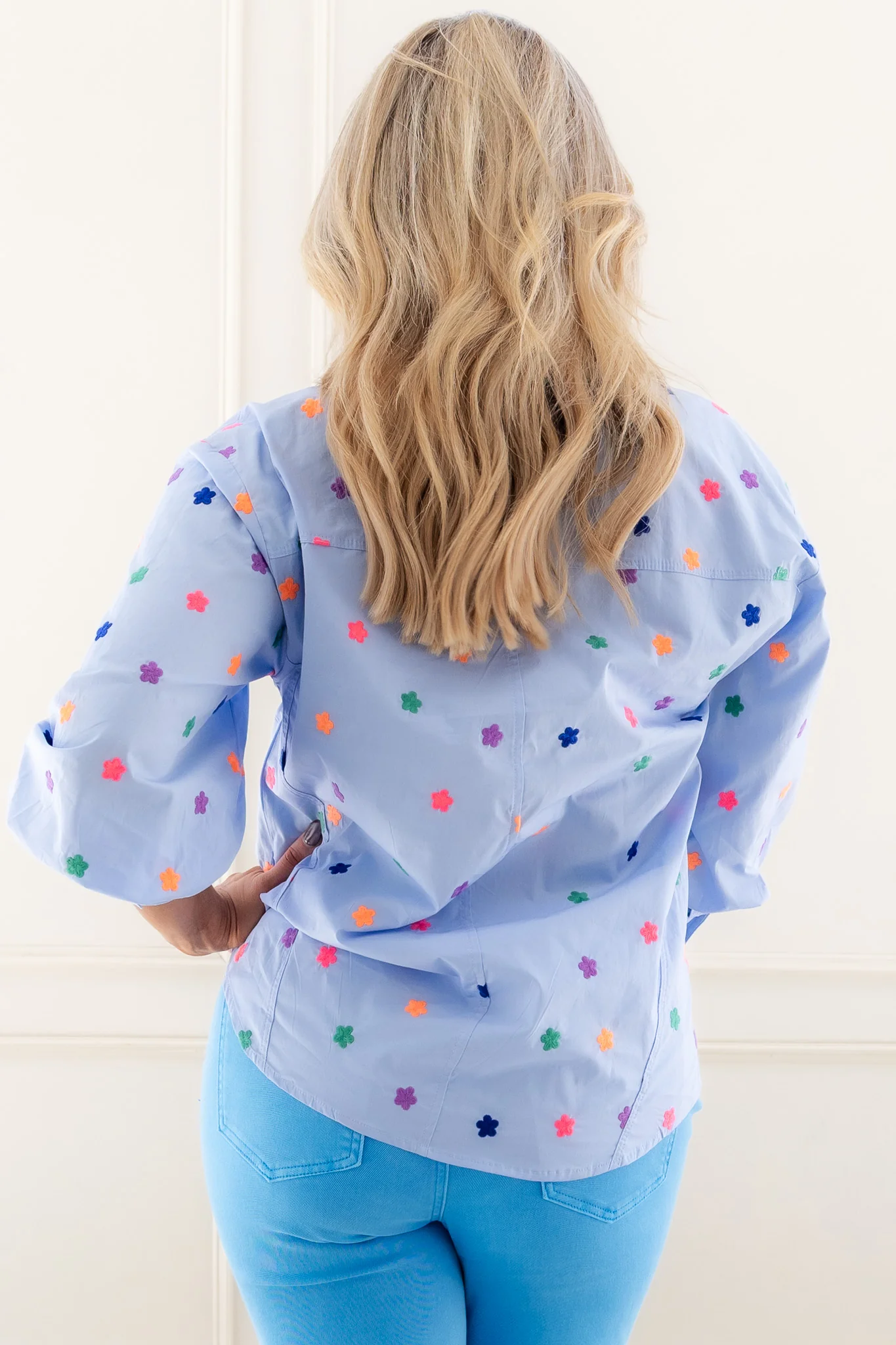 Landry Flower Embroidery Sky Blue Long Sleeve Top - Image 5