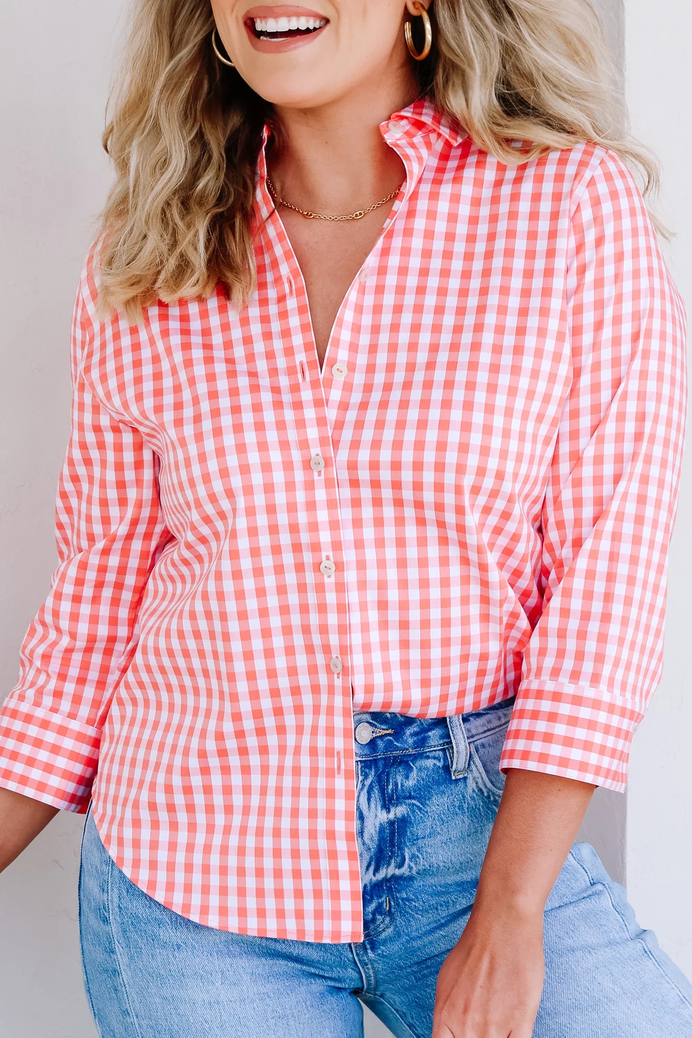 Foxcroft Margie White & Peach Gingham 3/4 Sleeve Blouse - Image 2