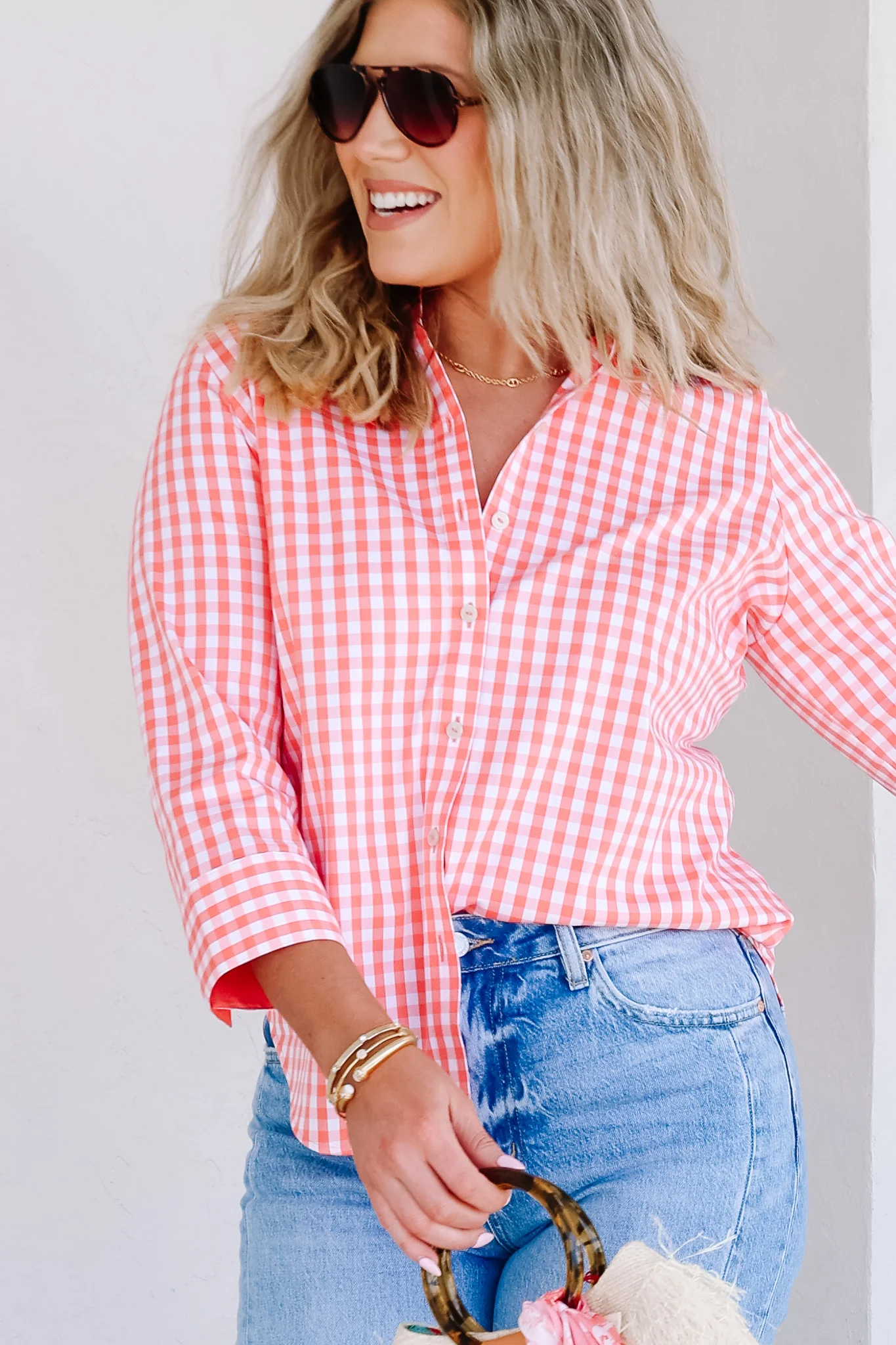 Foxcroft Margie White & Peach Gingham 3/4 Sleeve Blouse - Image 3