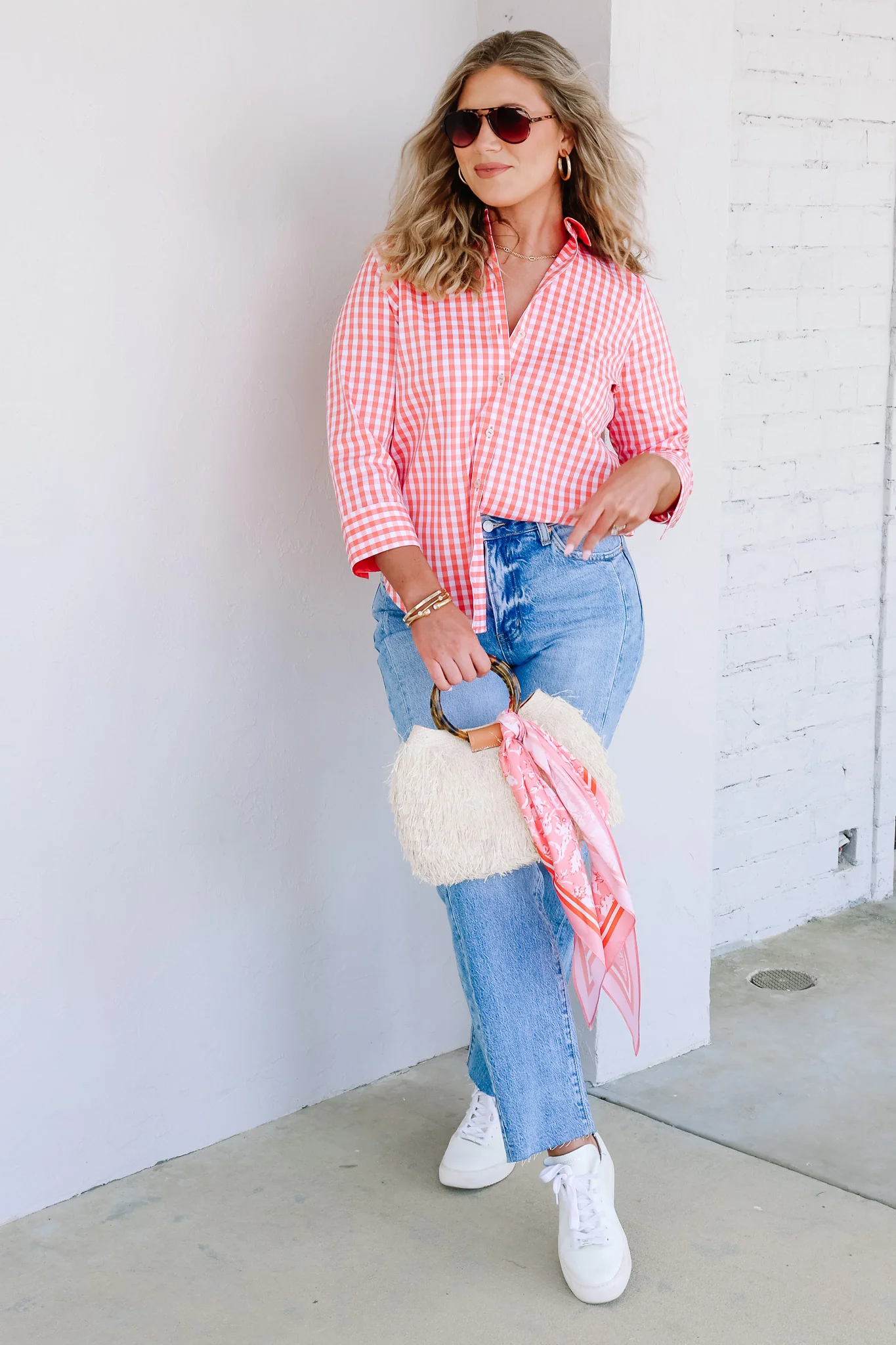 Foxcroft Margie White & Peach Gingham 3/4 Sleeve Blouse - Image 4