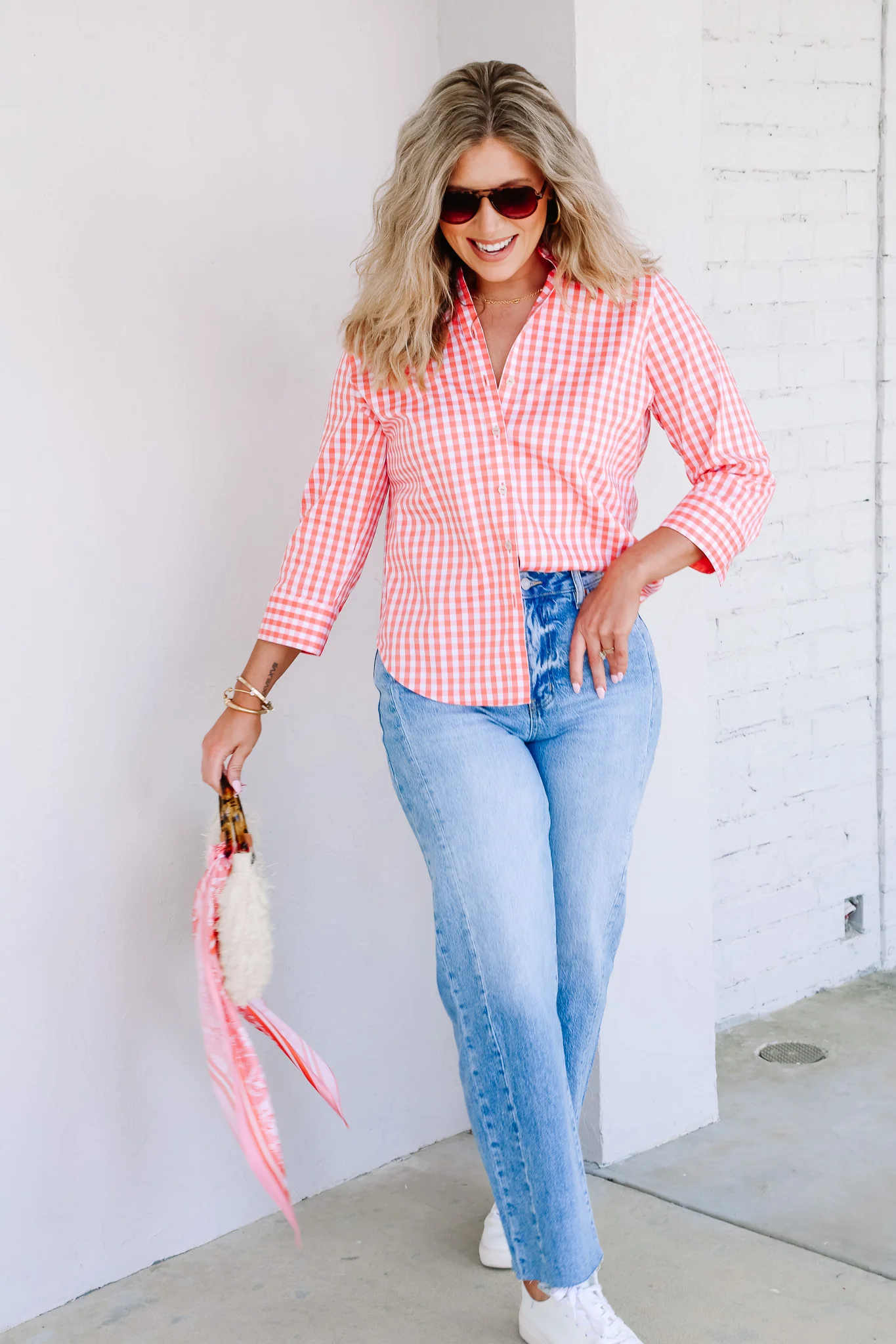 Foxcroft Margie White & Peach Gingham 3/4 Sleeve Blouse - Image 5
