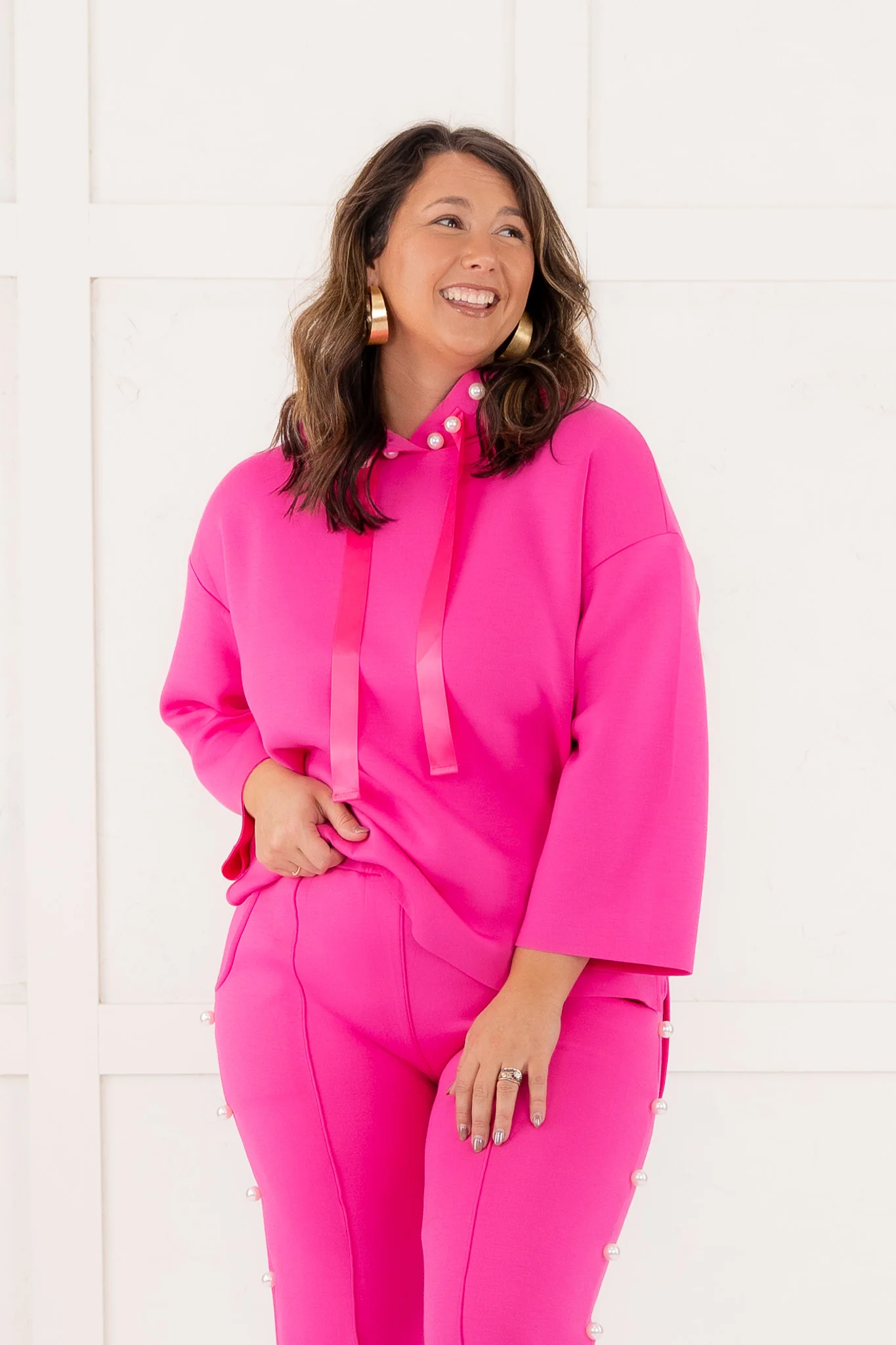 Francine Long Sleeve Pearl Hoodie In Fuchsia - SALE - Image 2