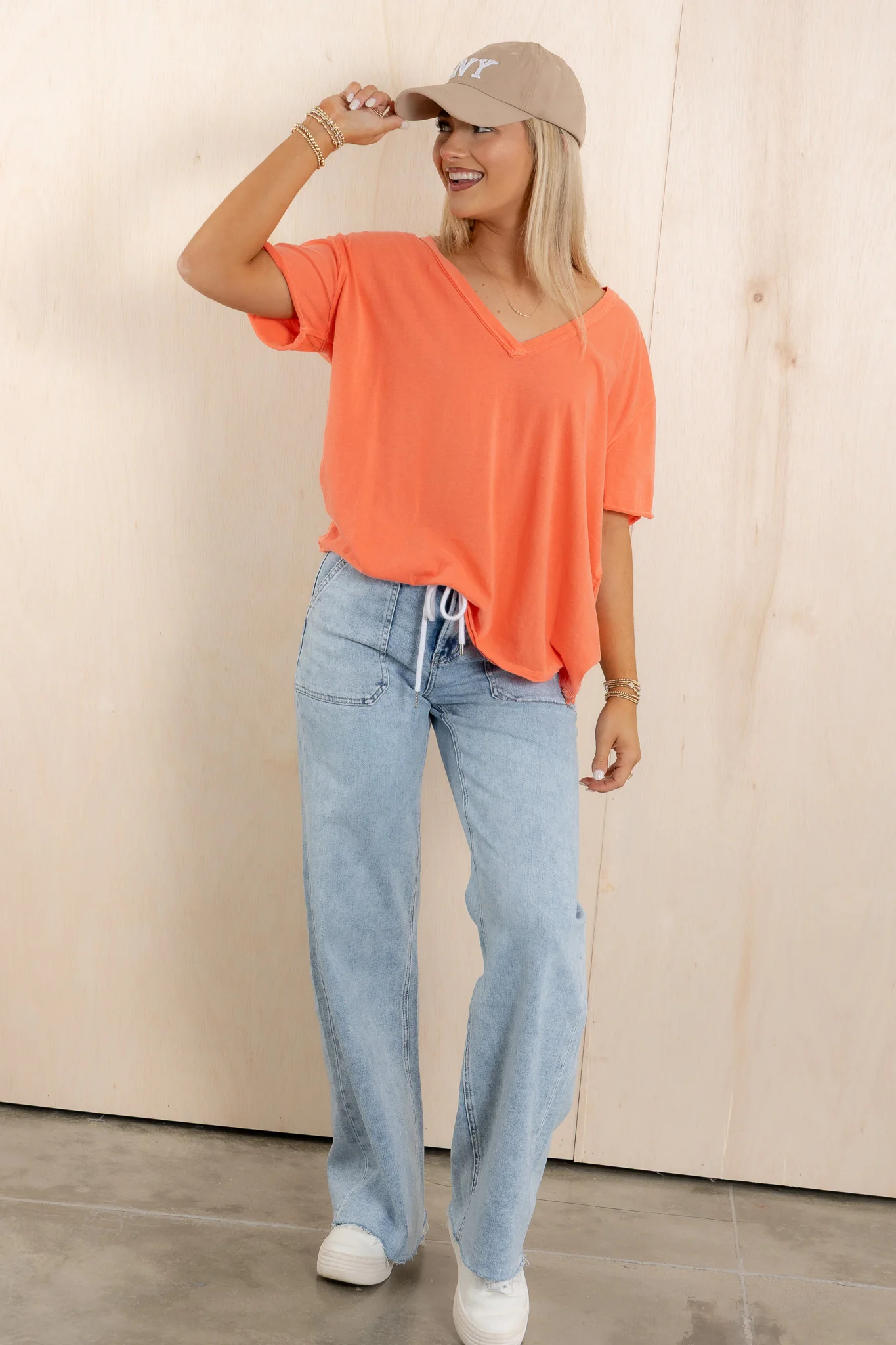 FREE PEOPLE Nina V-Neckline Thriving Coral Short Sleeve Top *Final Sale* - Image 4