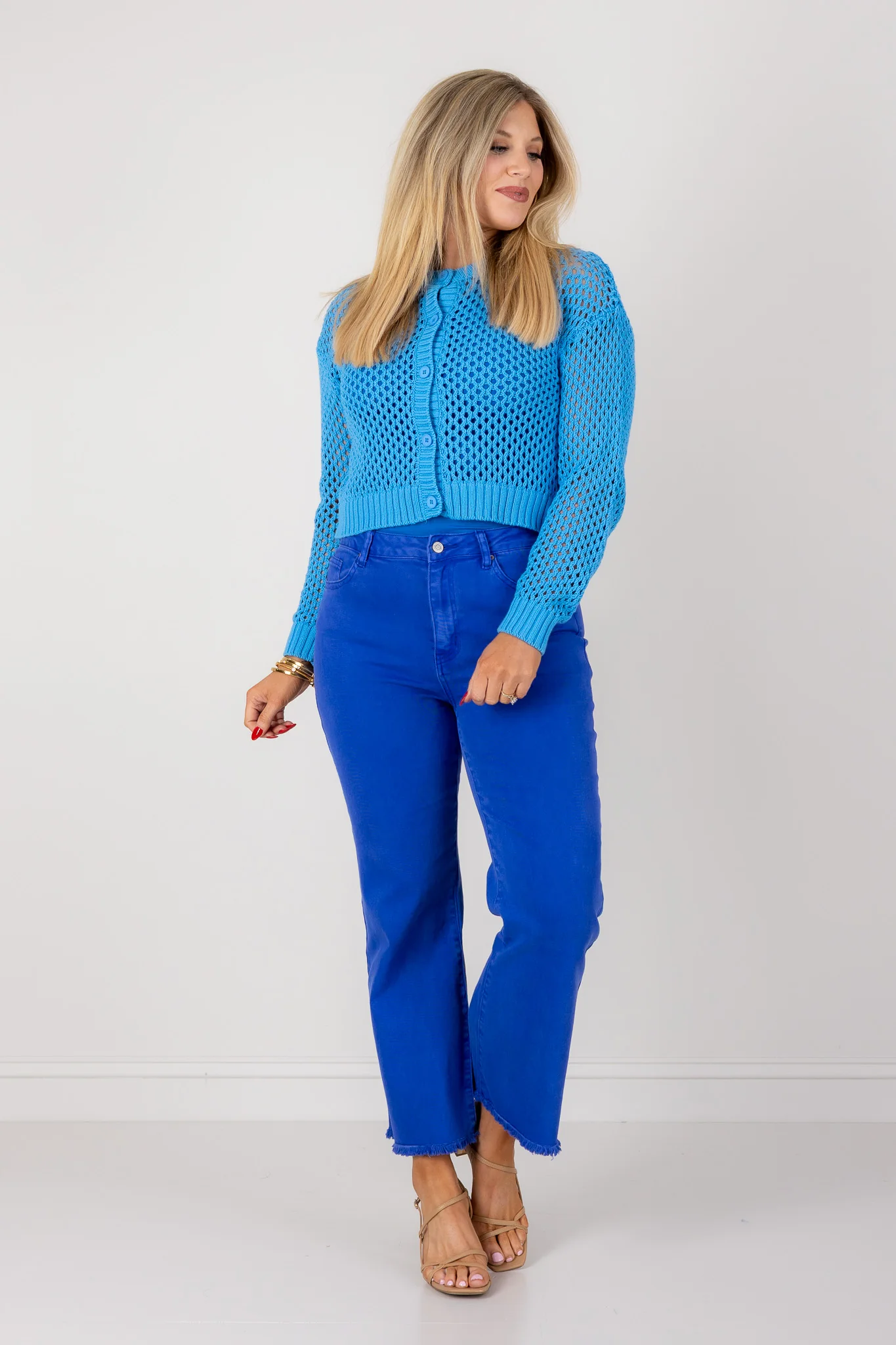 Going Places Deep Sky Crochet Long Sleeve Cardigan - Image 2