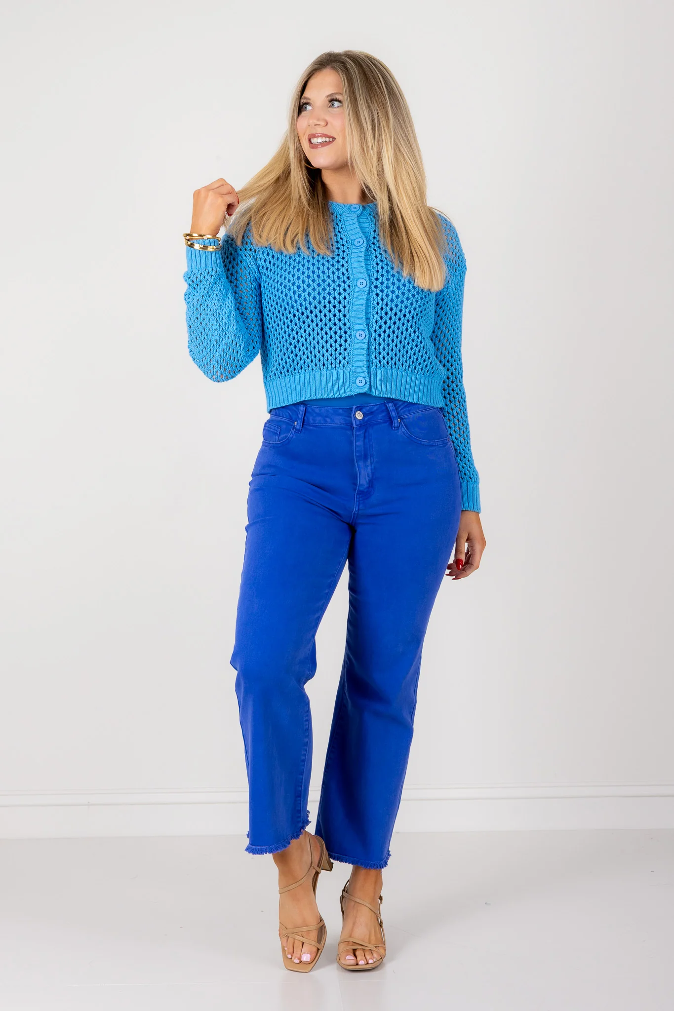 Going Places Deep Sky Crochet Long Sleeve Cardigan - Image 3