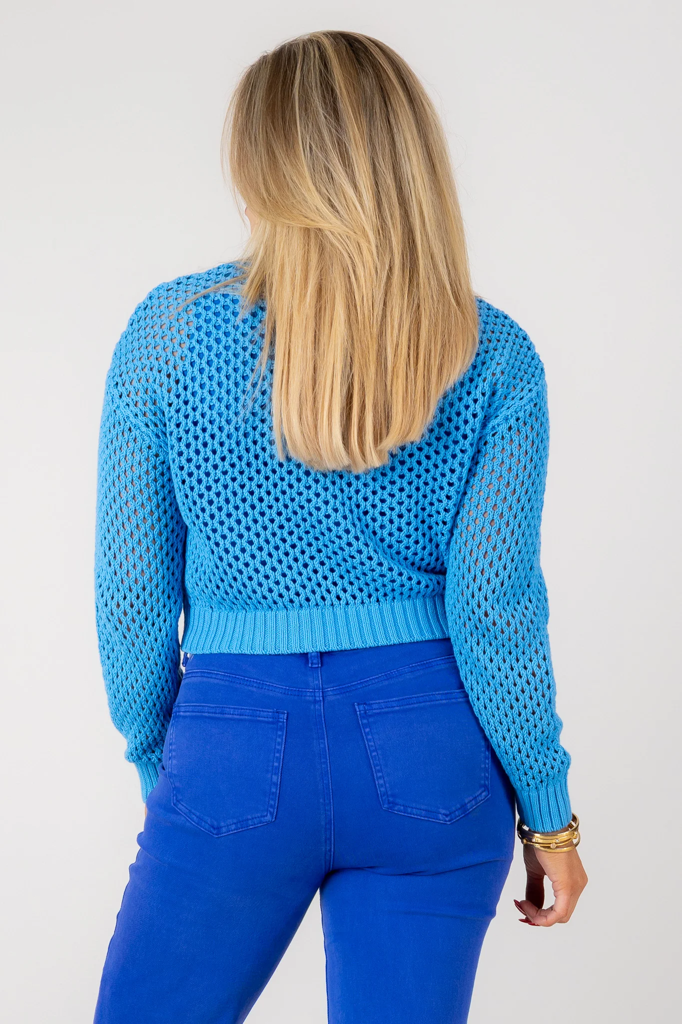 Going Places Deep Sky Crochet Long Sleeve Cardigan - Image 5