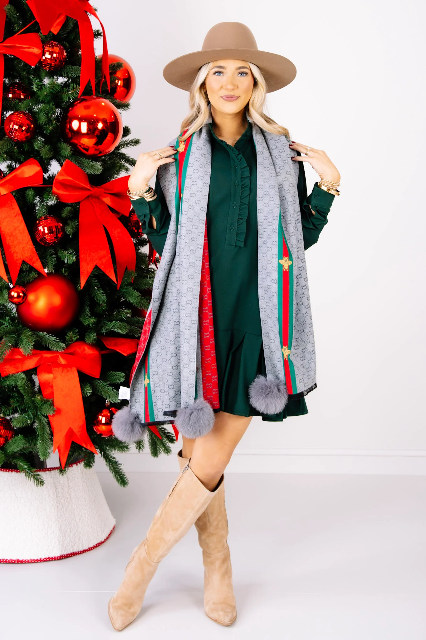 Mitchie's Donny Grey Woven with Fox Pompom Scarf - Image 2
