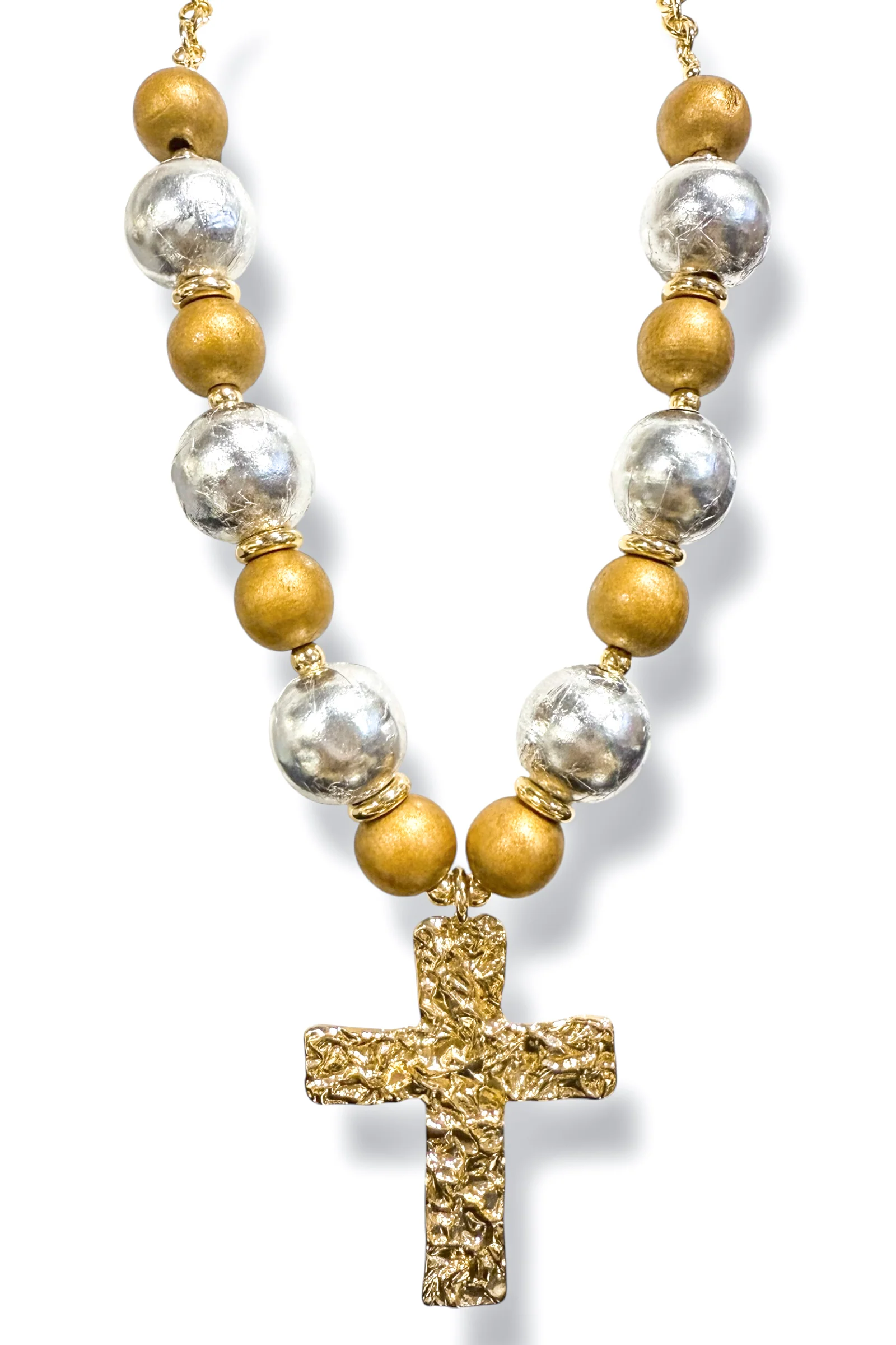 Feeling New Brown and Gold Cross Wood Ball Necklace