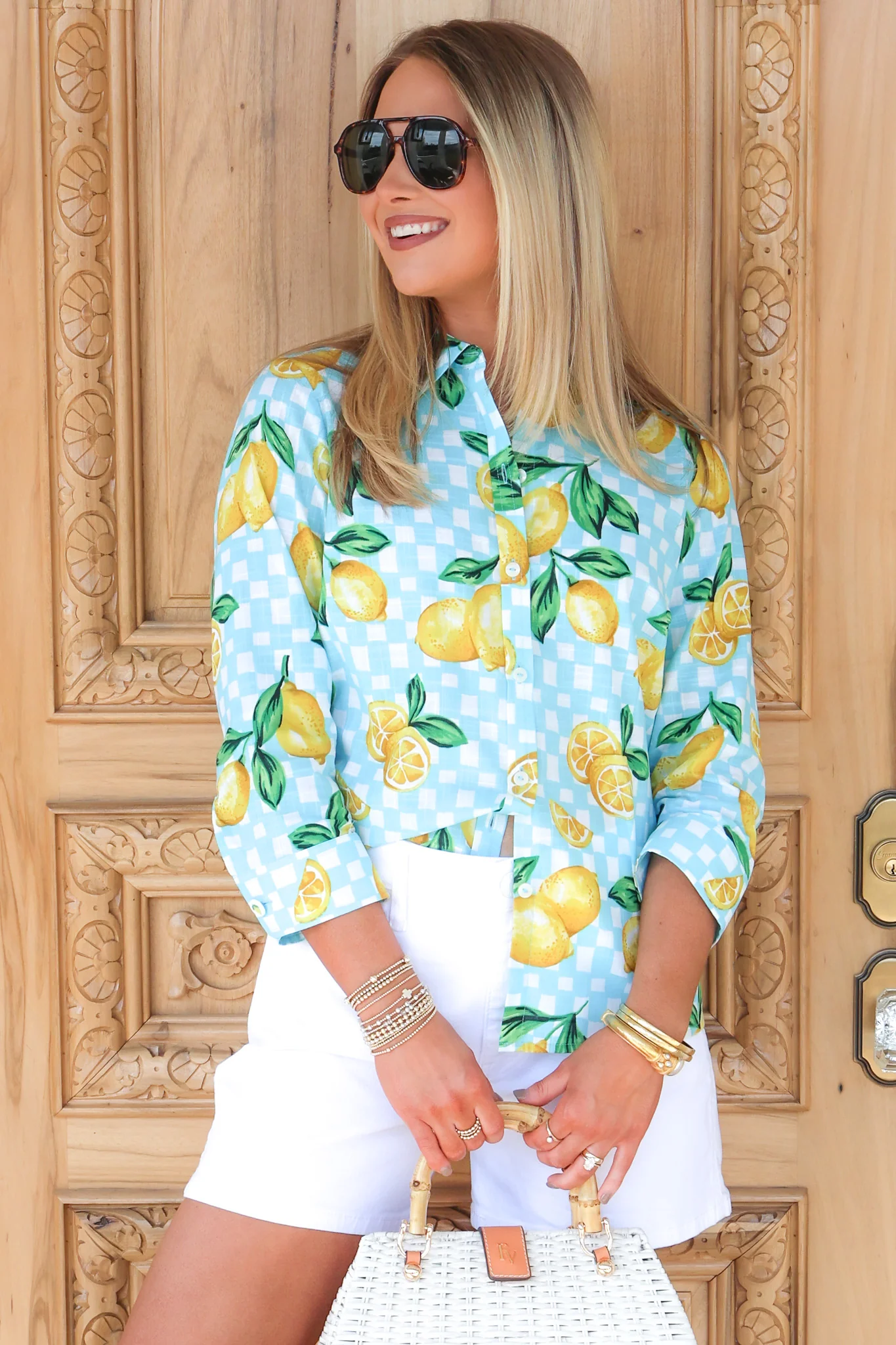 Foxcroft Hampton Lemon Blue Multi Blouse