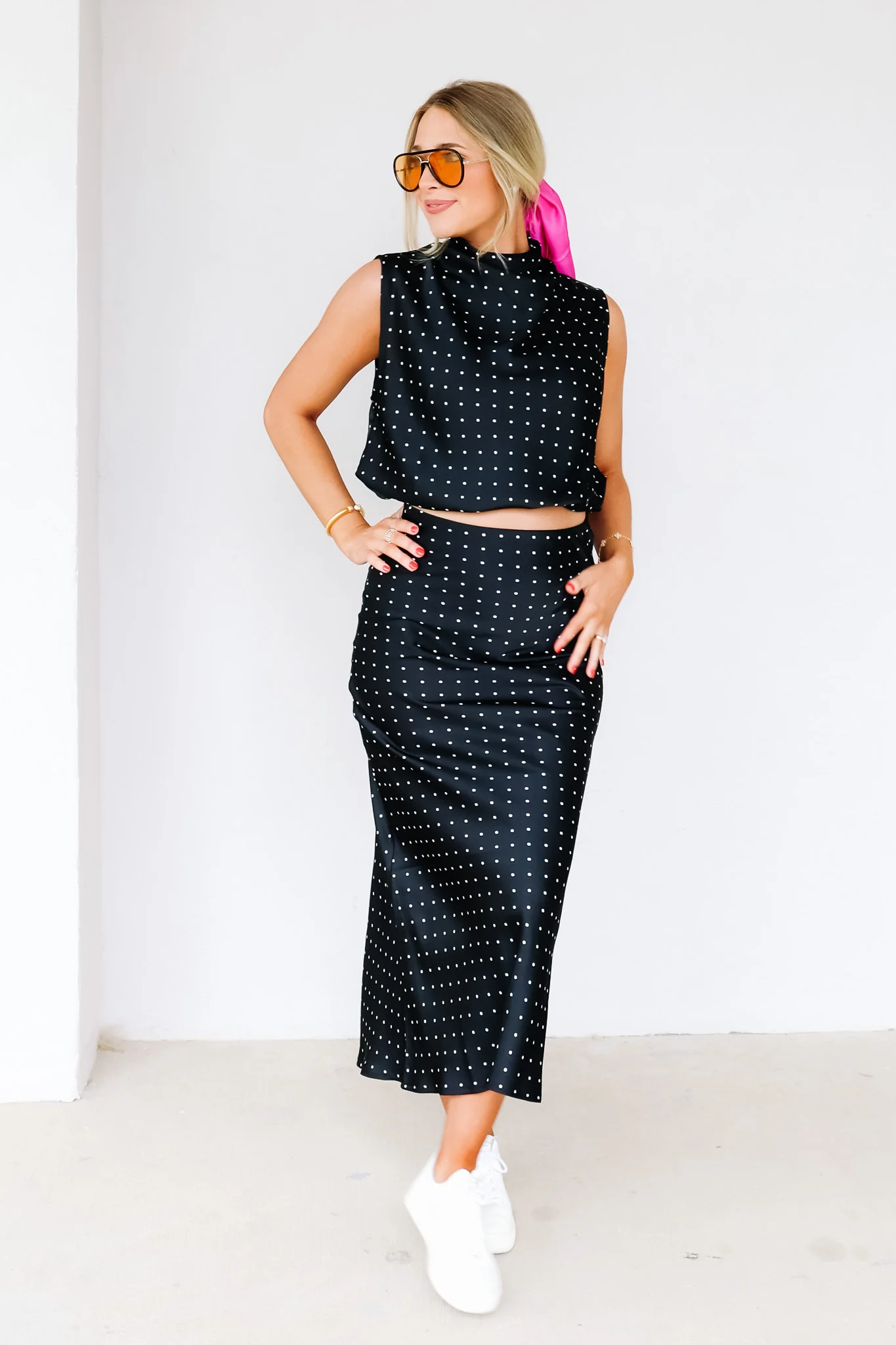 After Hours High Neck Black Polka Dot Sleeveless Top - Image 4