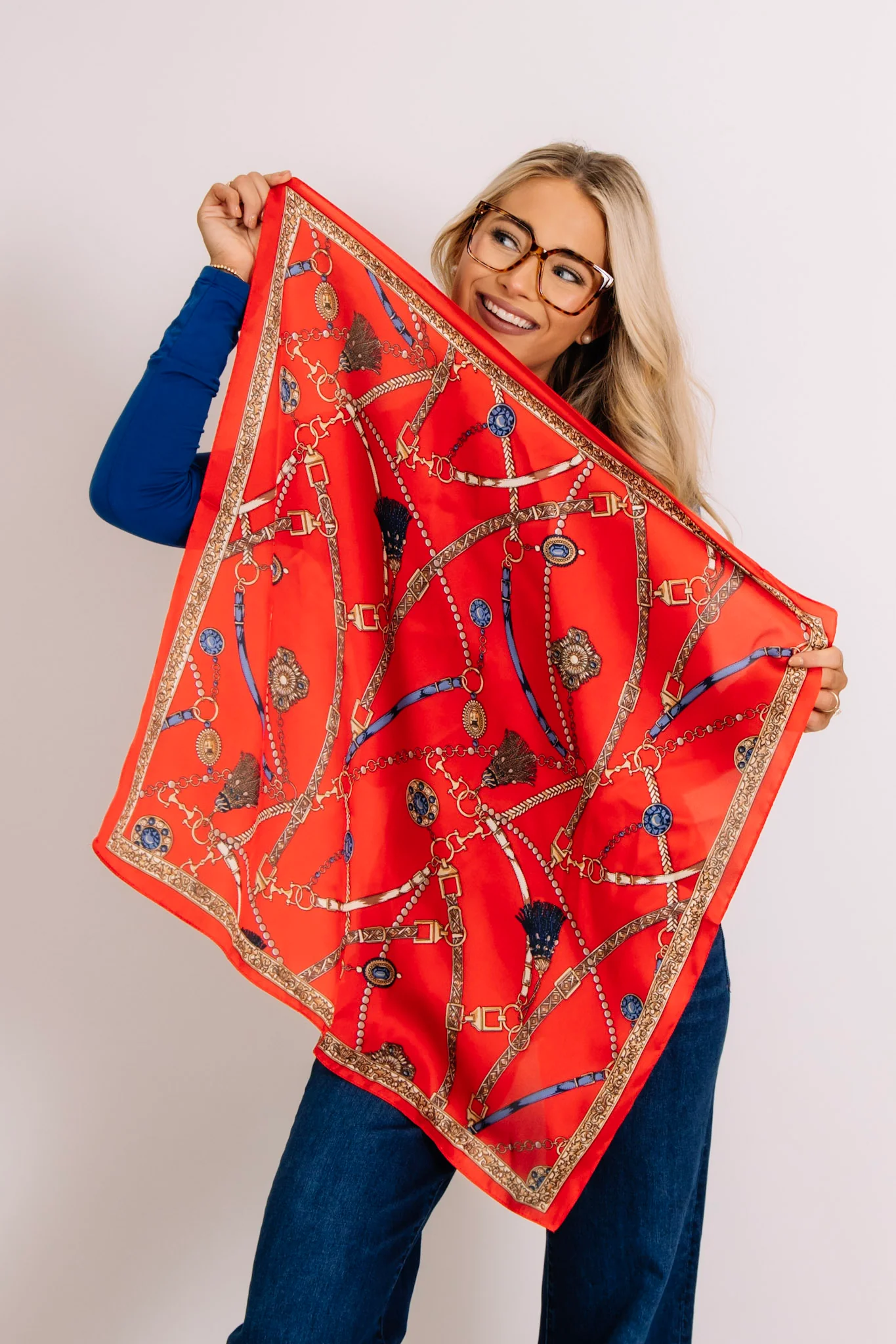 Knock Out Horsebit Chain & Tassel Print Square Scarf - Image 3