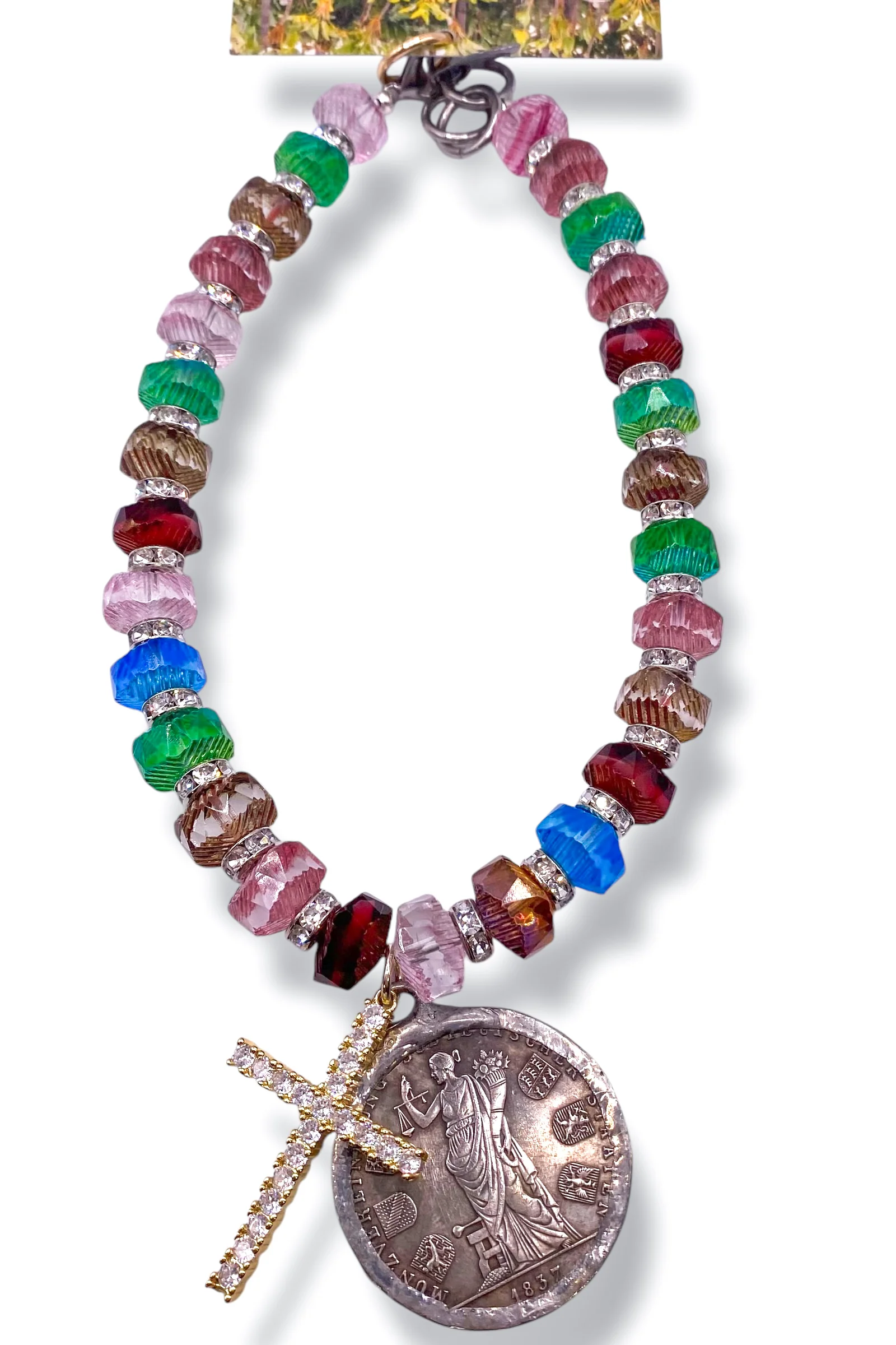 Rockstar In Rome Italian Glass Beads Pave Spacers Gold Plated Cross Necklace