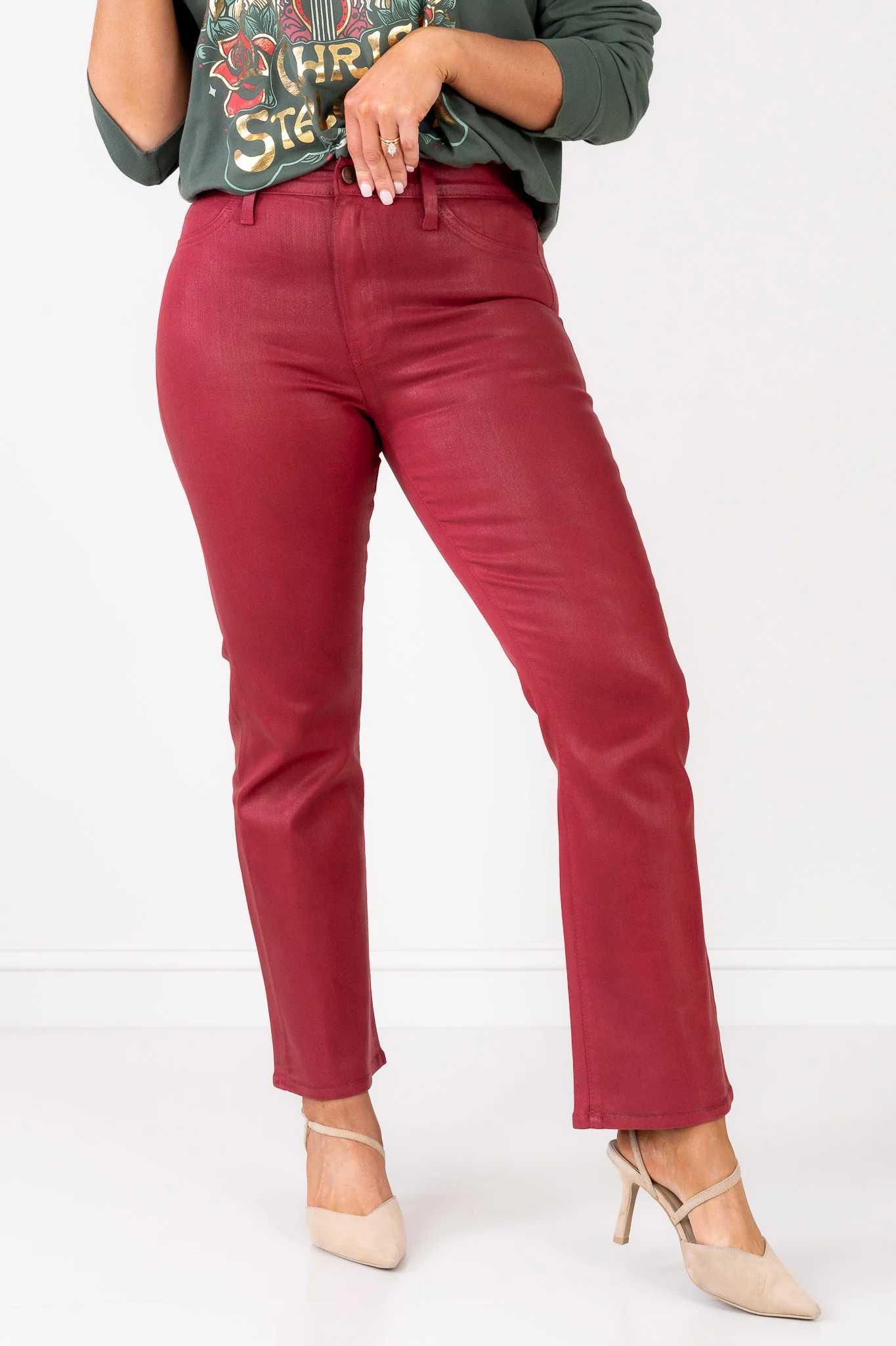 Just Black Slim Cropped Coated Burgundy Bootcut Jean