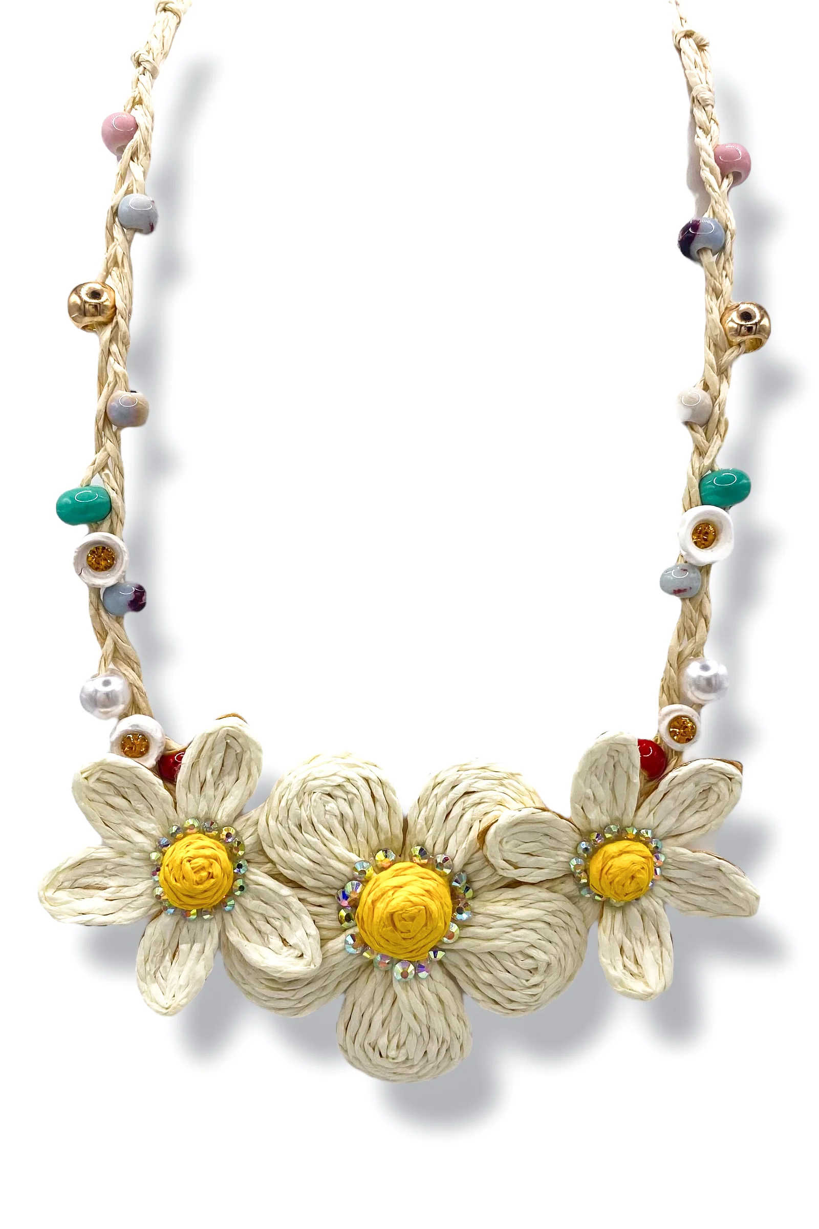 Krissy Ivory Raffia Flower & Bead Braided Necklace