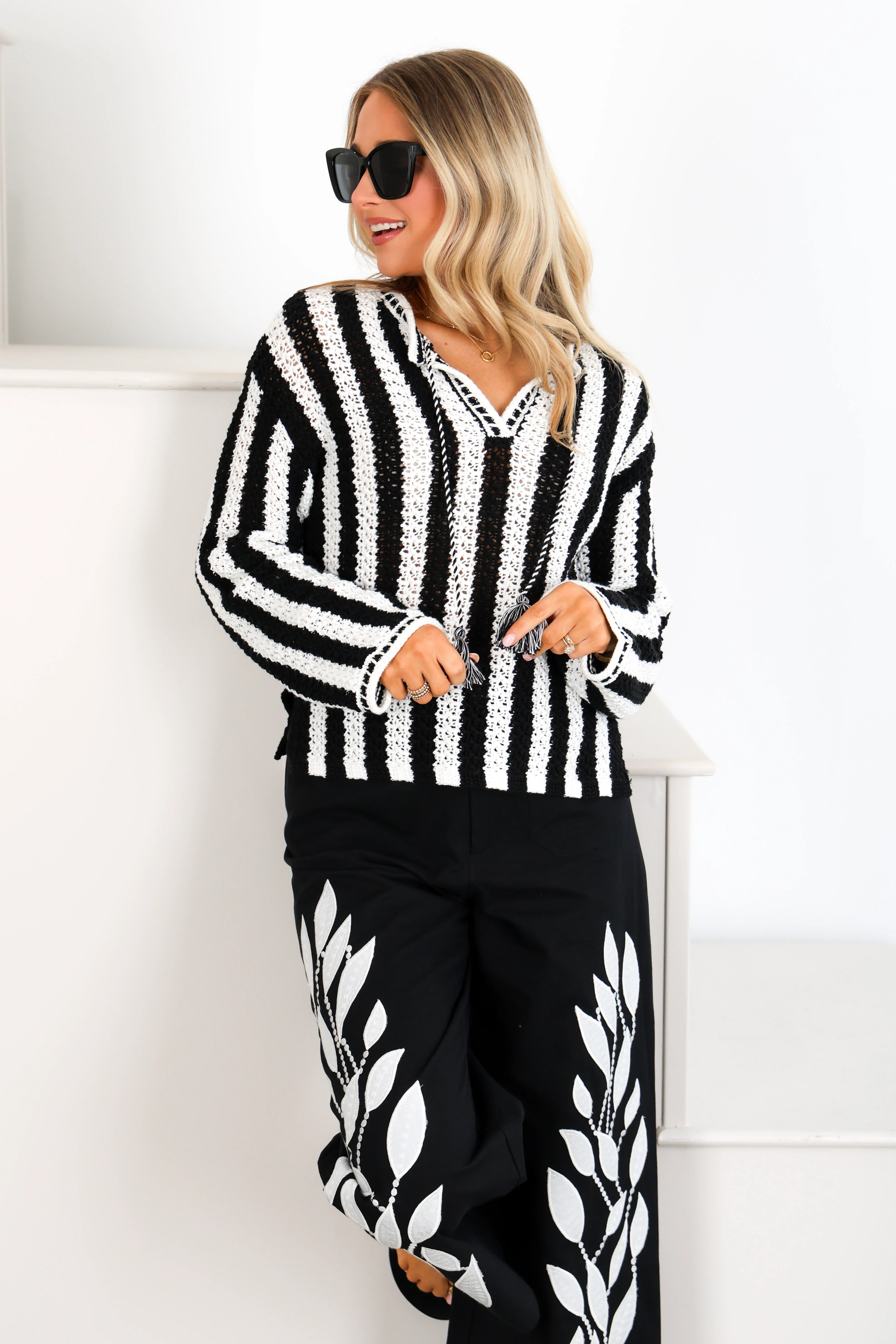 Tribal Notch Collar Black Long Sleeve Sweater - Image 6