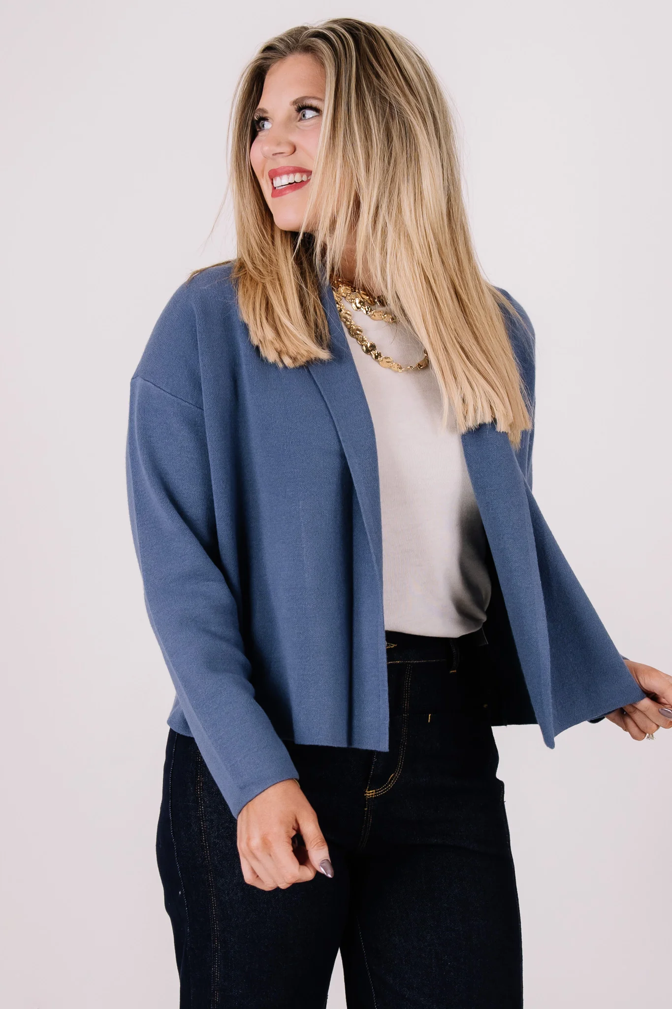 Tribal Slate Blue Short Long Sleeve Coatigan