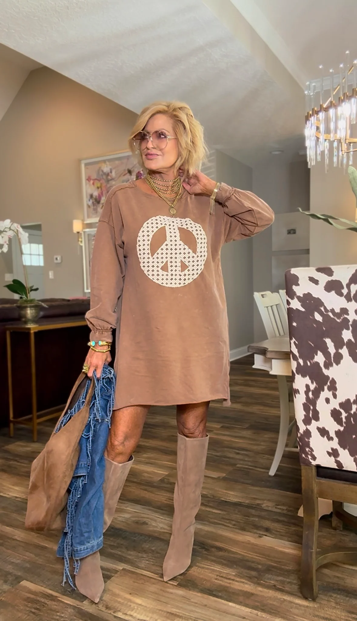 Peace Out Along Sleeve Camel Mini Dress