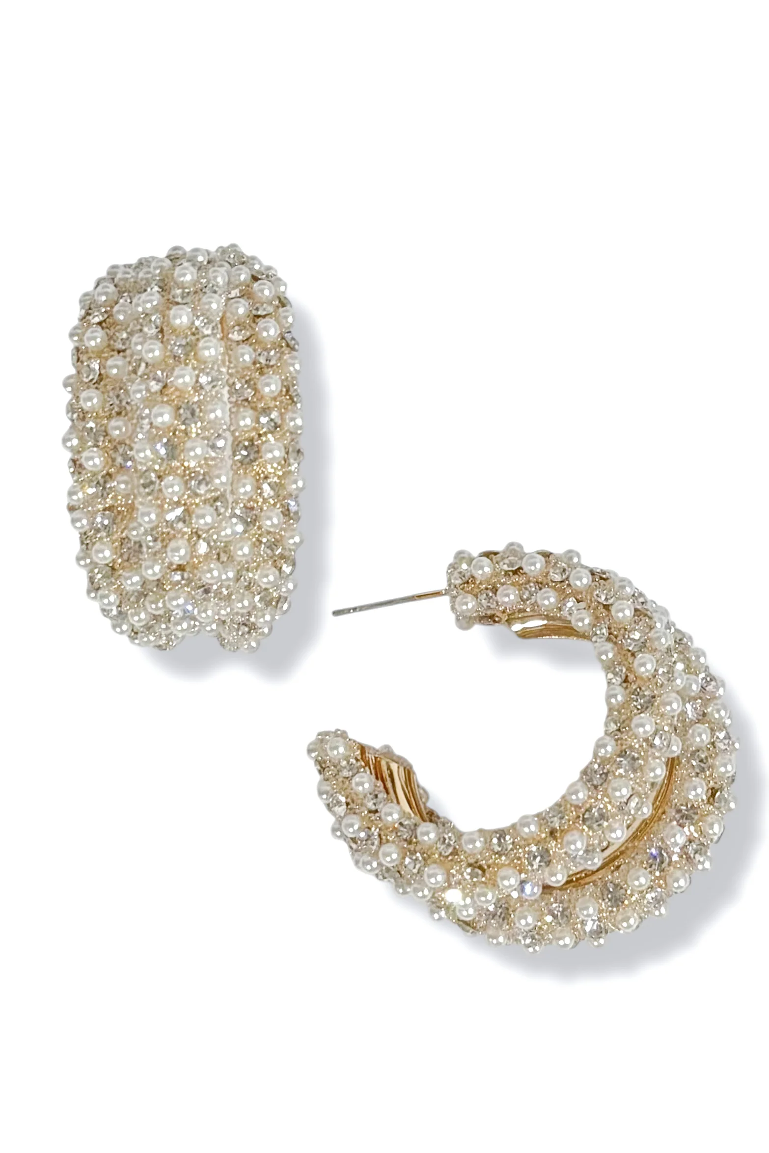 Happy Days Cream and Gold Pave Pearl Hoop Earrings