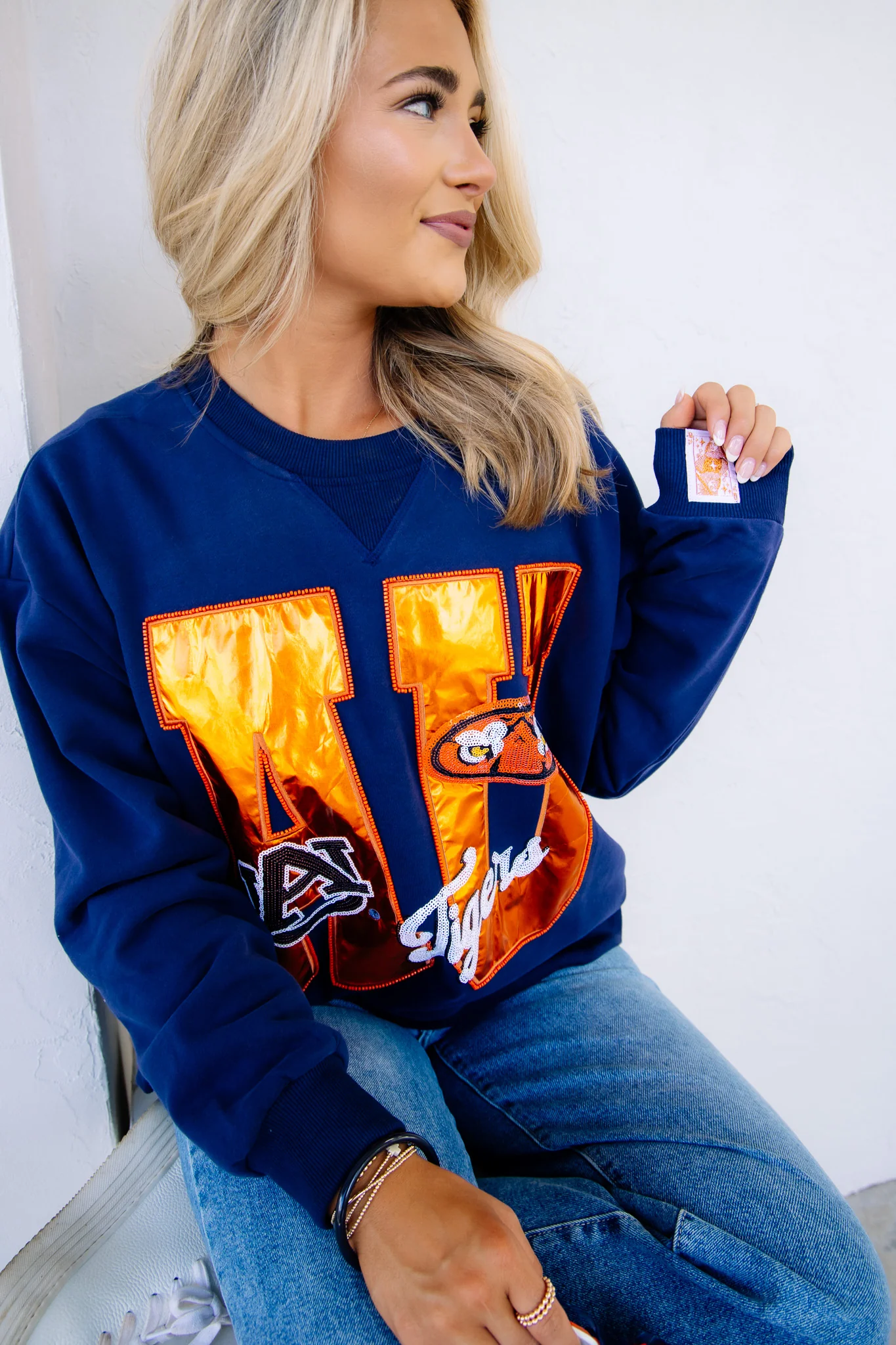 Queen Of Sparkles Auburn Metallic Navy Long Sleeve Sweatshirt - Image 3