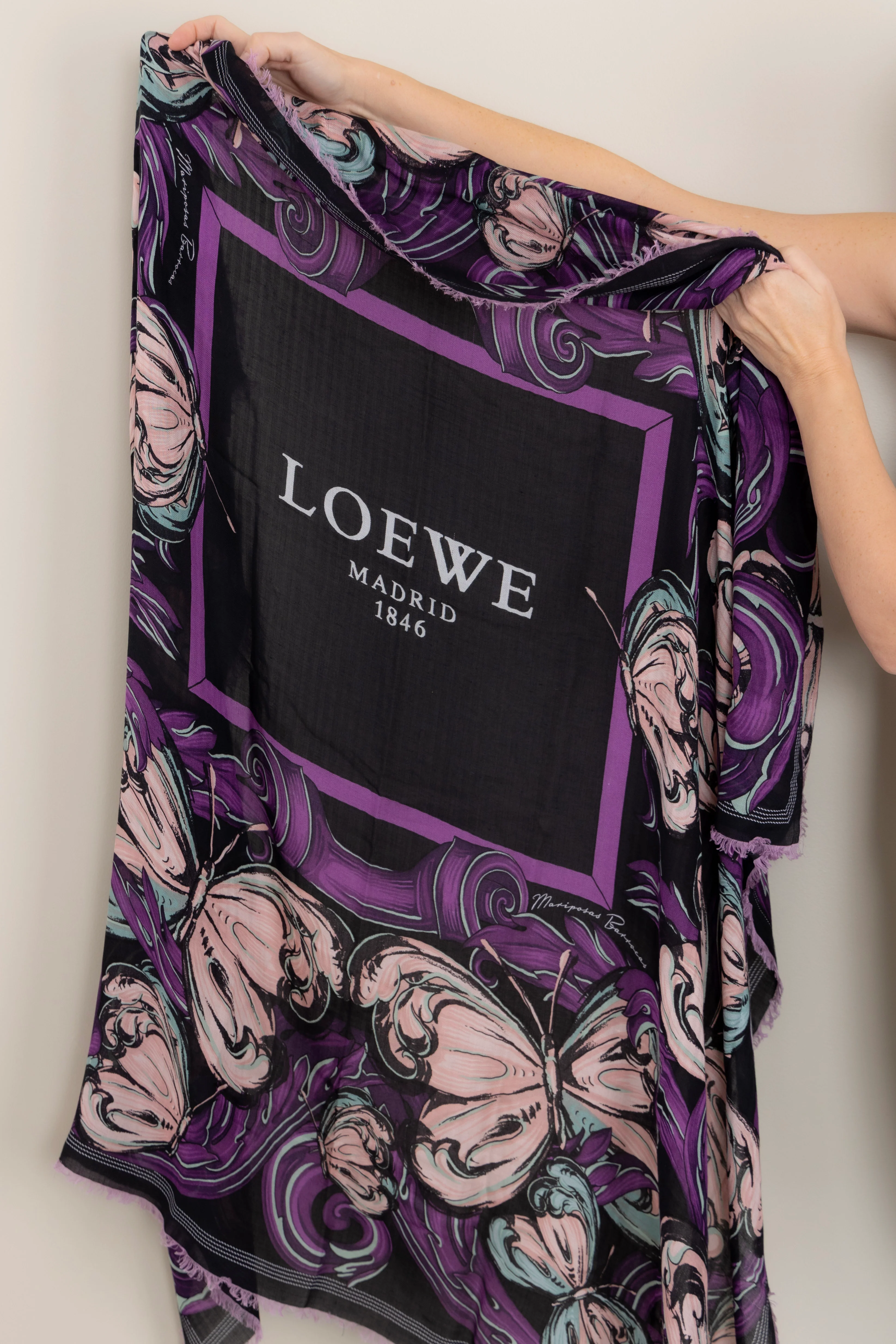 Loewe Black Scarf Pink Purple Butterfly Print