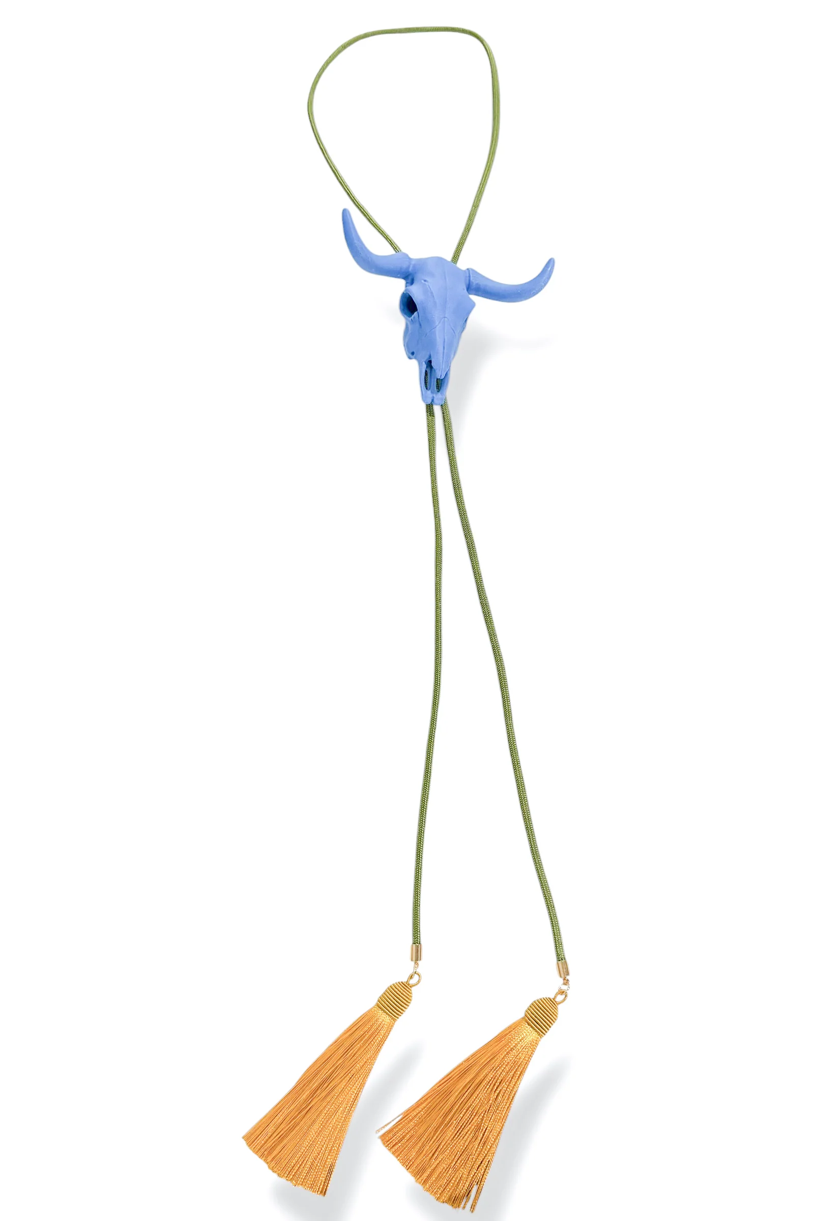 Mabel Ocean Blue Steer Golden Yellow Tassel Olive Bolo Necklace