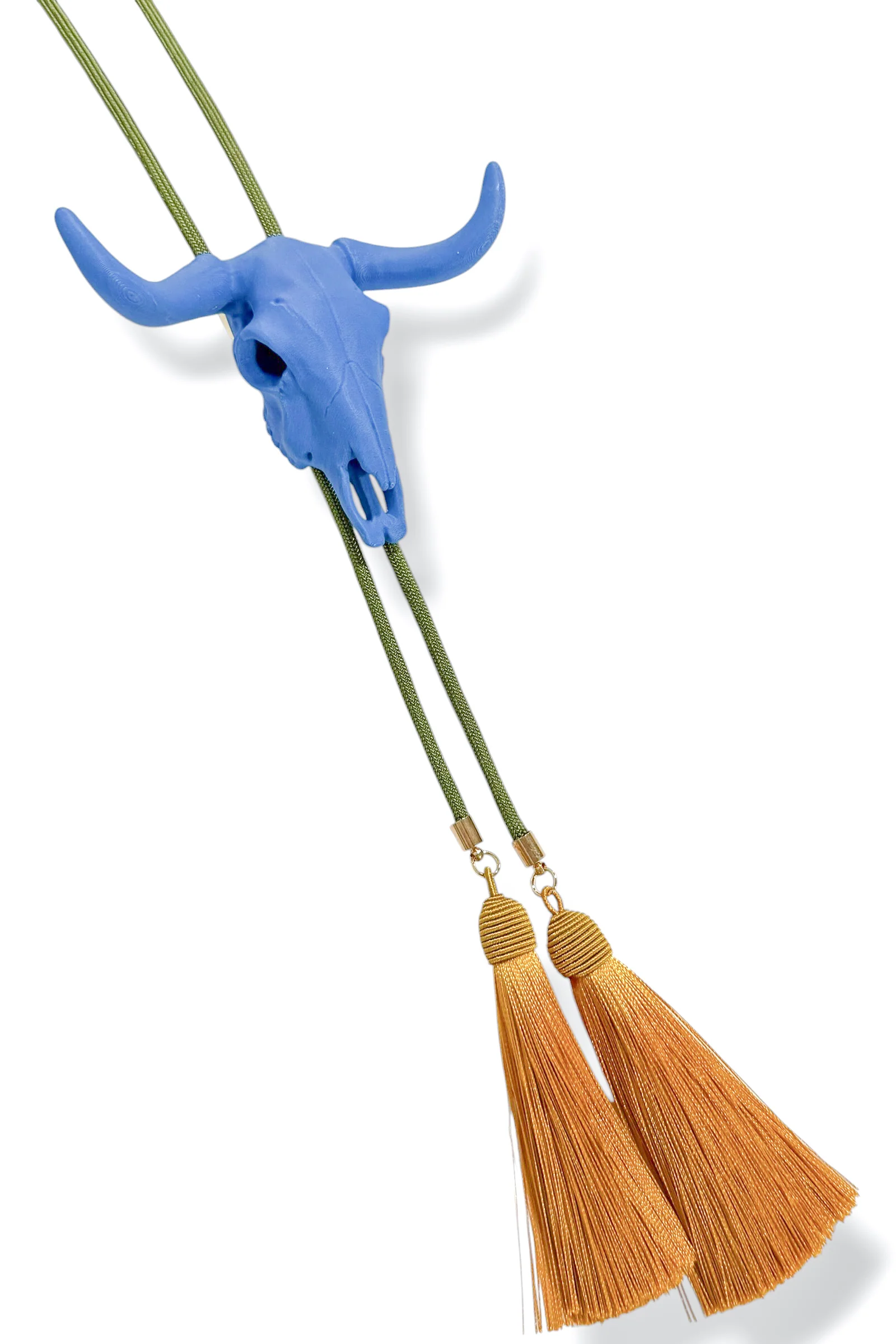 Mabel Ocean Blue Steer Golden Yellow Tassel Olive Bolo Necklace - Image 2