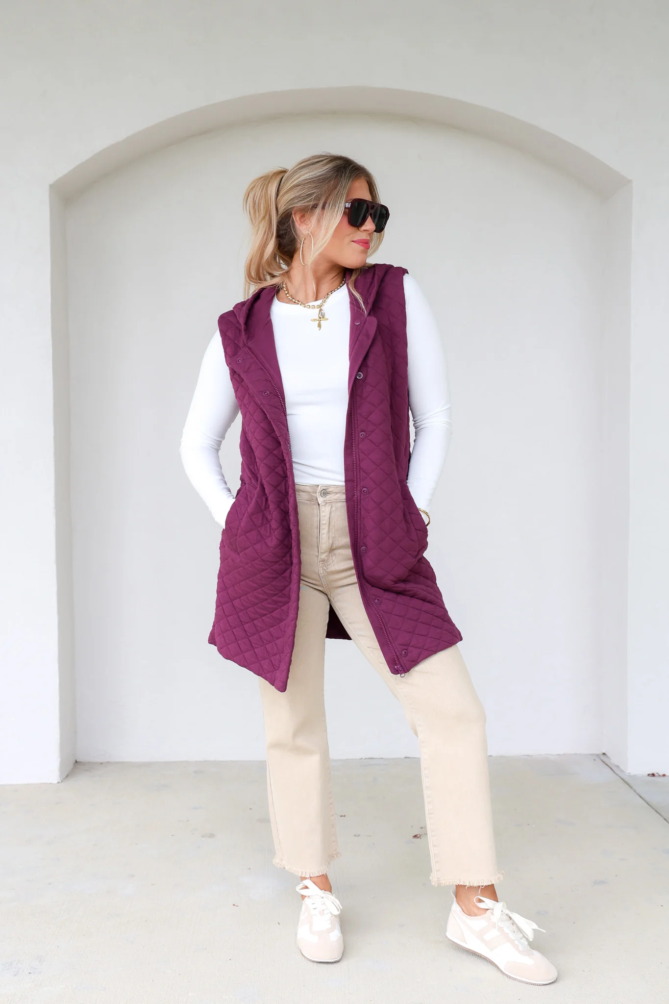 Longline Quilted Dark Plum Sleeveless Vest - Image 5