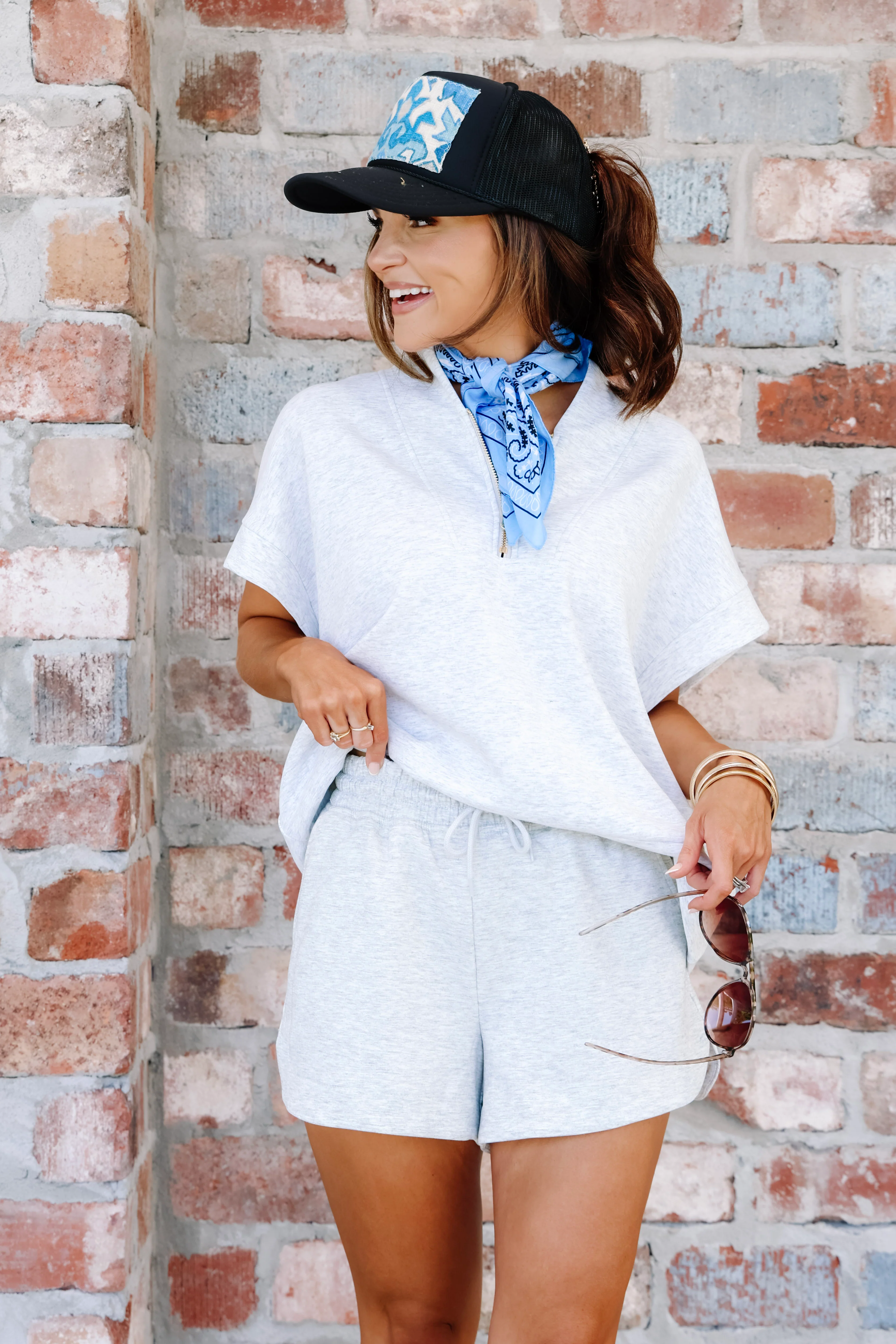 Annie Lt. Heather Grey Half Zip Short Sleeve Top