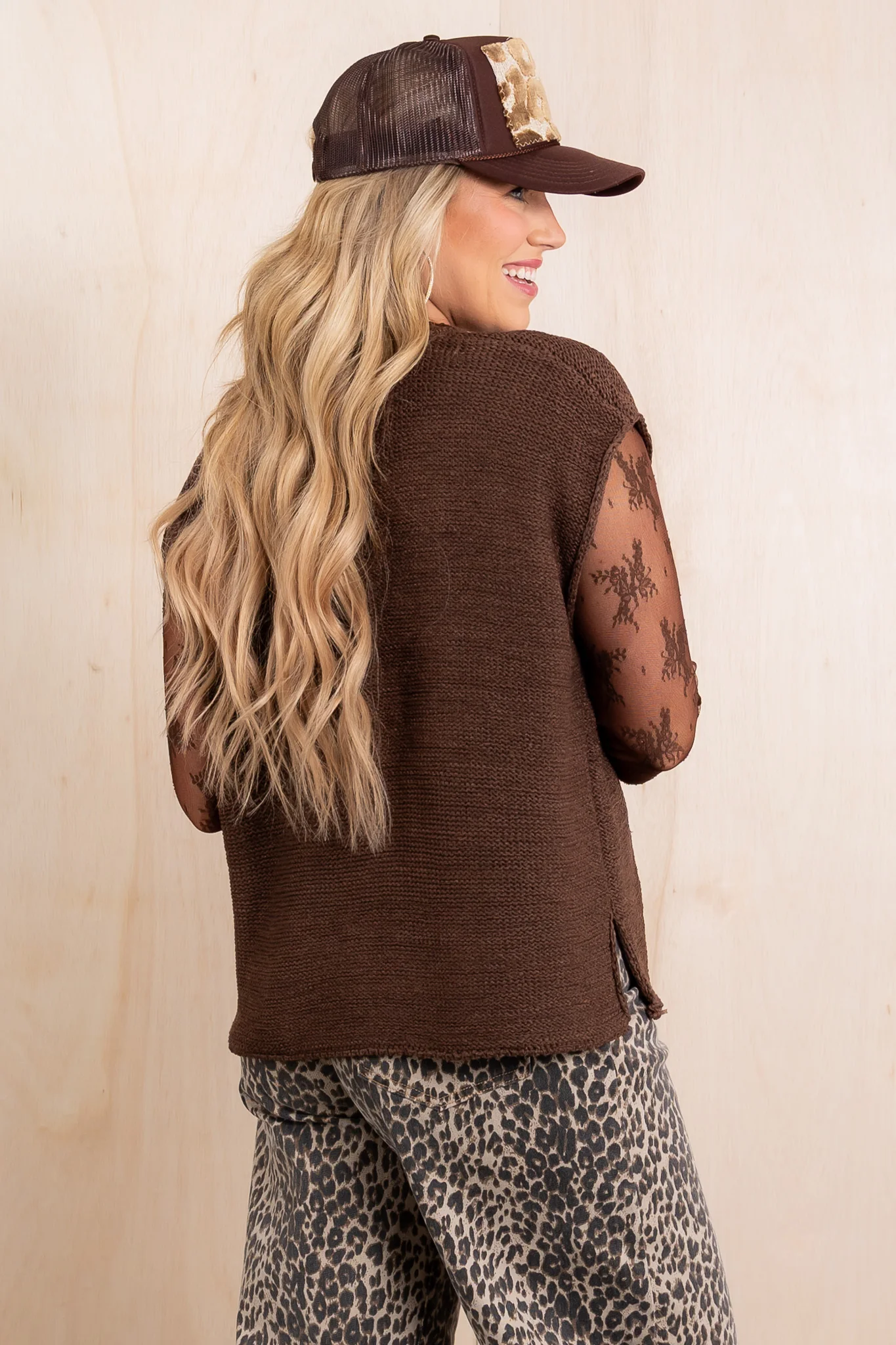 Lucky You're Here Brown Sleeveless Sweater - Image 3