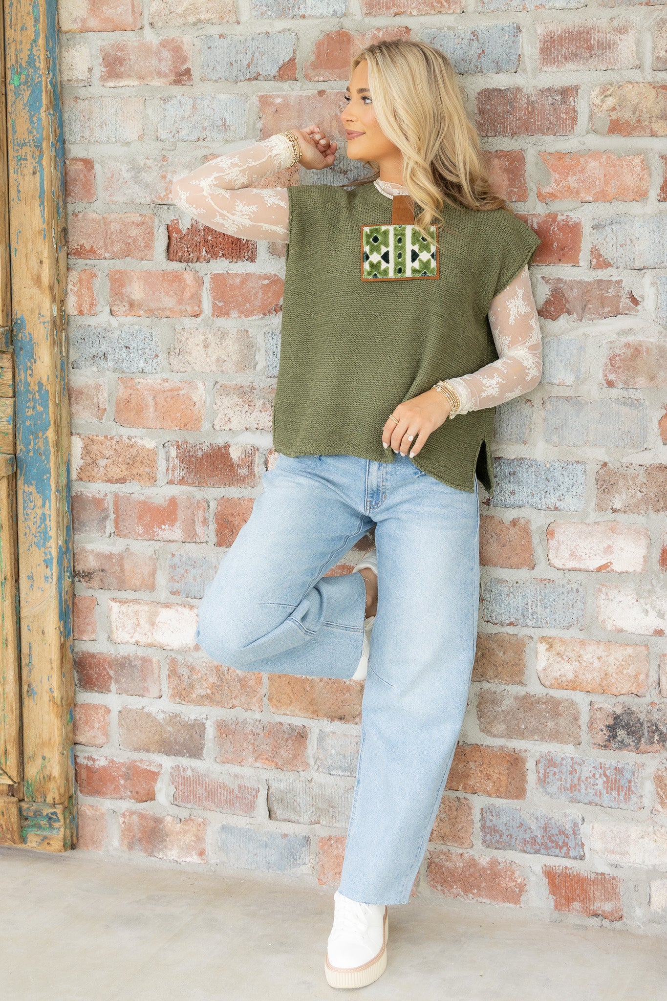 Lucky You're Here Light Olive Crew Neck Sleeveless Sweater - Image 6