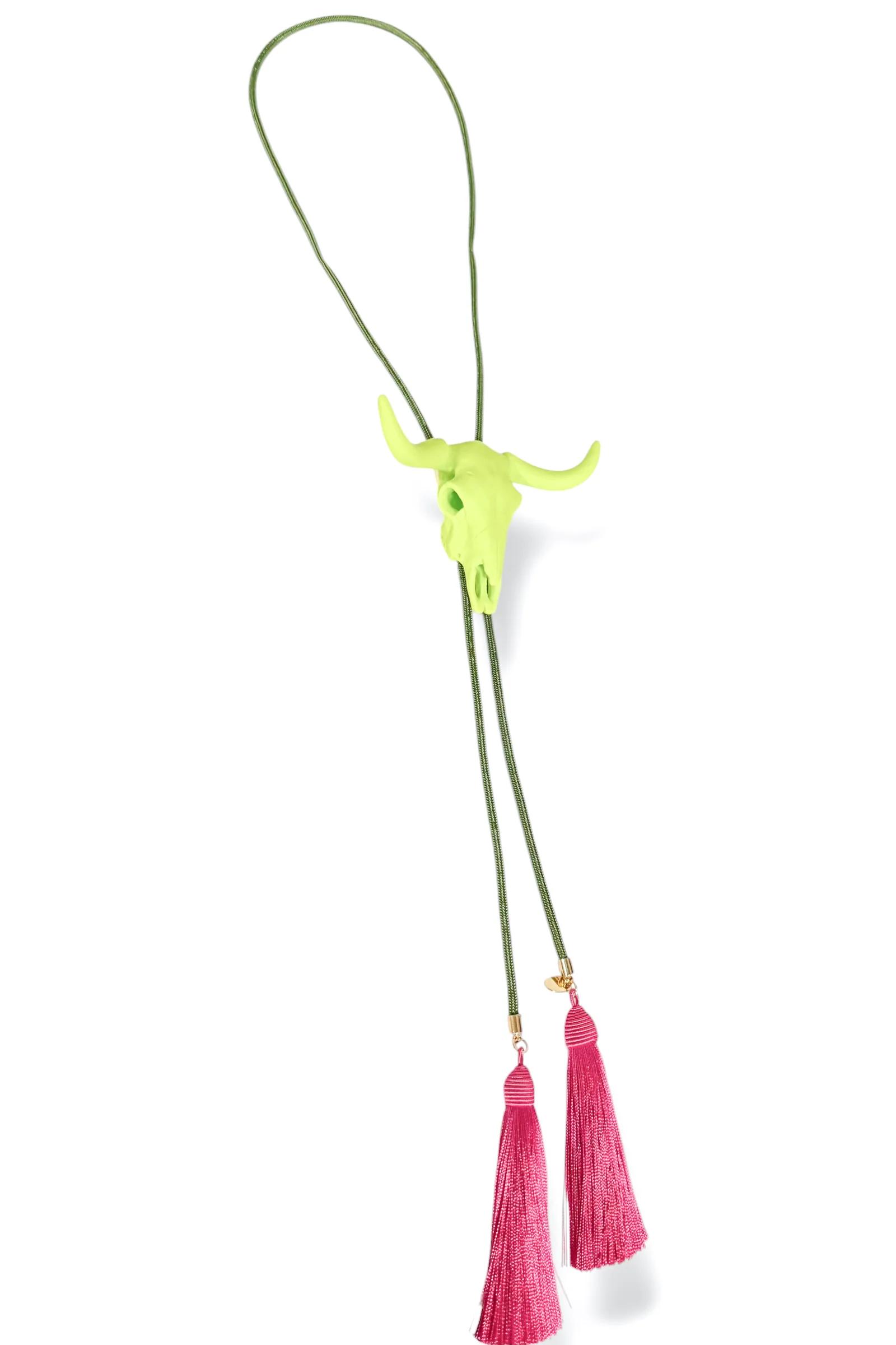 Mabel Lime Green Steer Lime Green w Olive Tassel Fuchsia Bolo Necklace