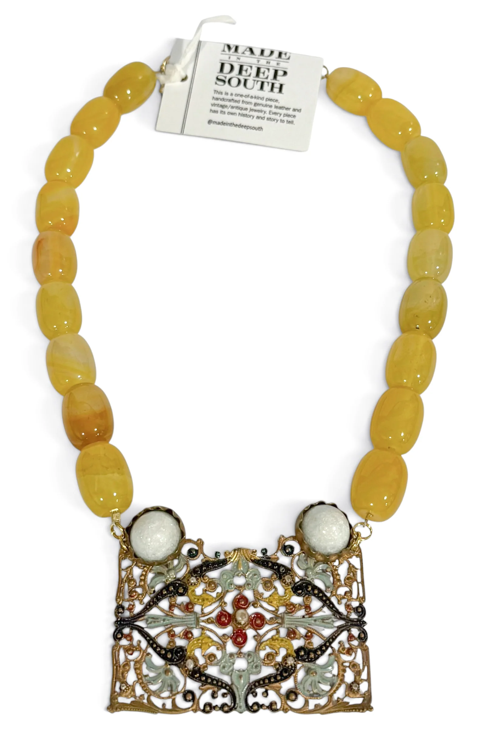 Made In The Deep South 1940s Enameled Sash Buckle 1960s Jade Bead Necklace