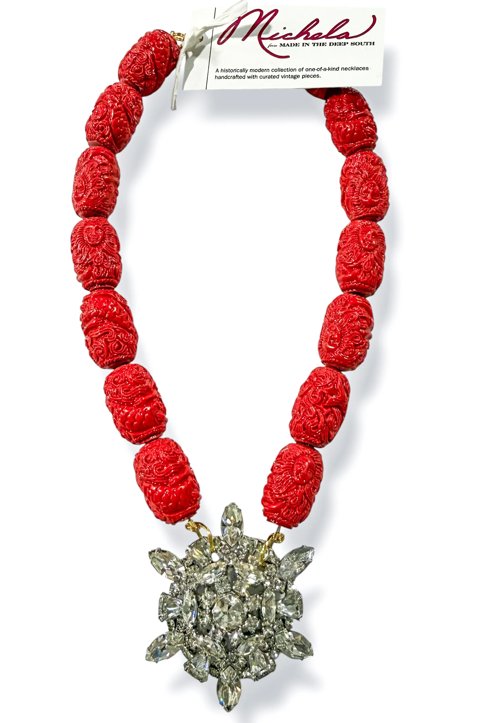 Made in the Deep South 1950s Brooch 1960s Red Camel Bead Necklace