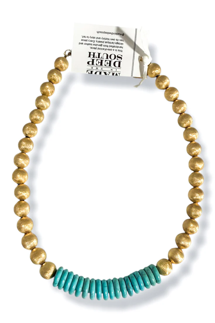 Made in the Deep South 1950s Gold Beads Turquoise Bead Necklace