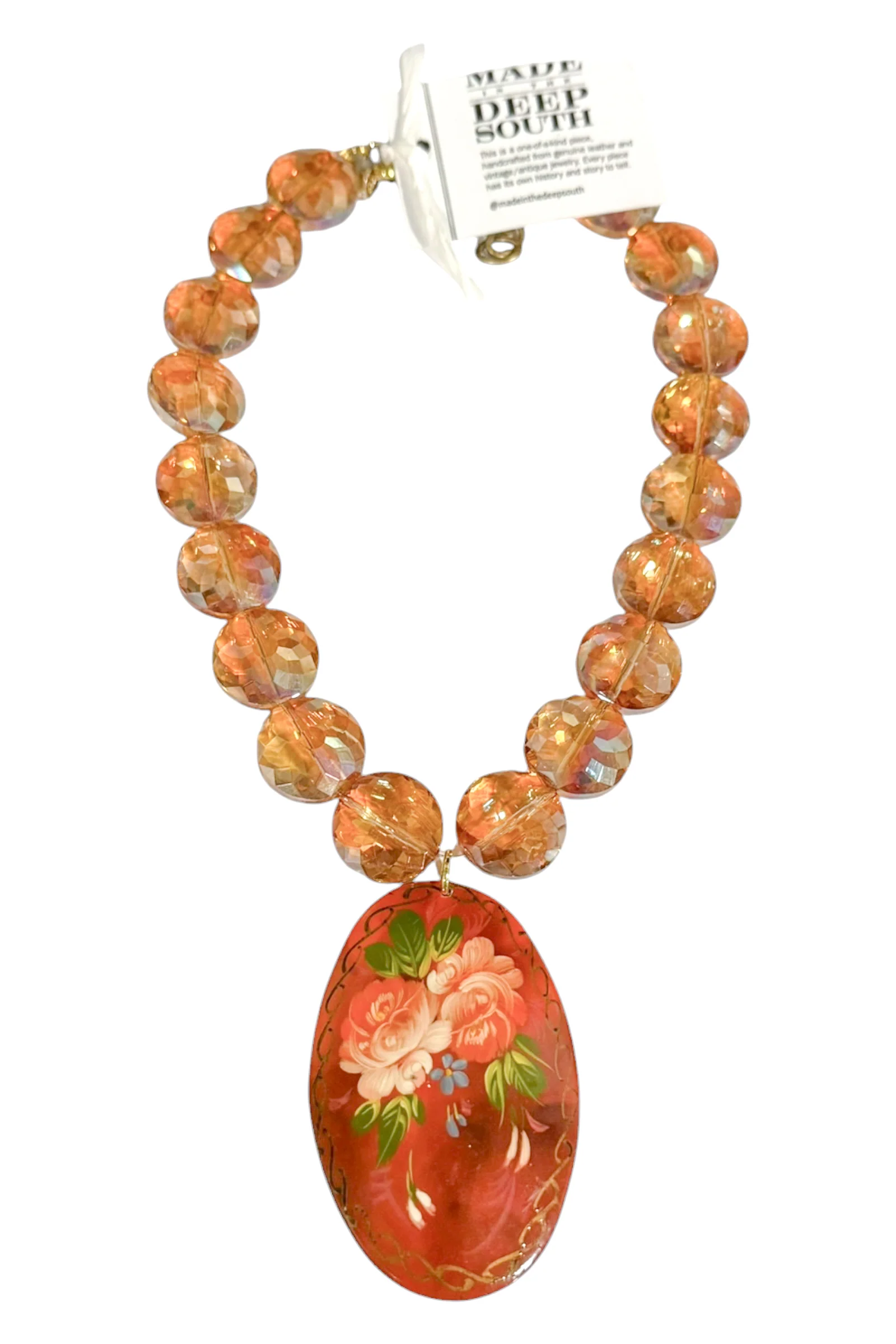 Made In The Deep South 1950s Hand Painted Brooch 1970s Crystal Necklace