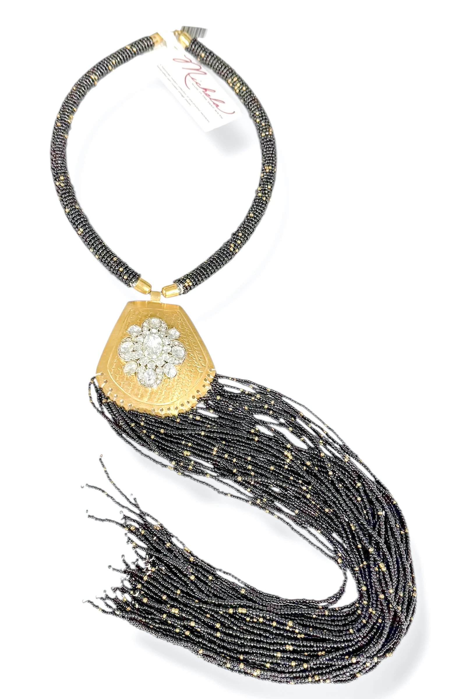 Made In The Deep South 1960s Brooch 1970s Black Beaded Fringe Necklace
