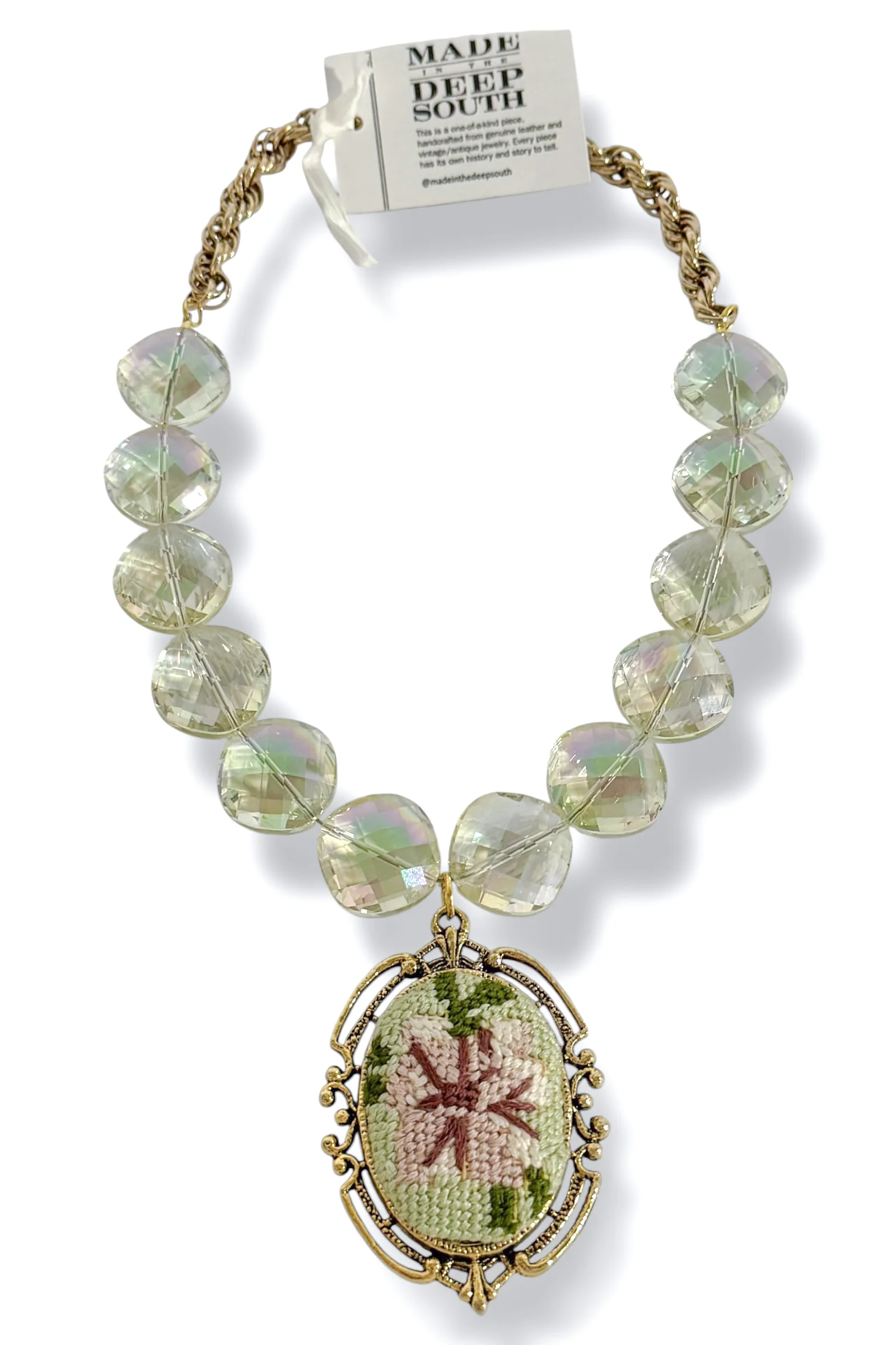 Made In The Deep South 1960s Needle Point Mirror Brooch Necklace