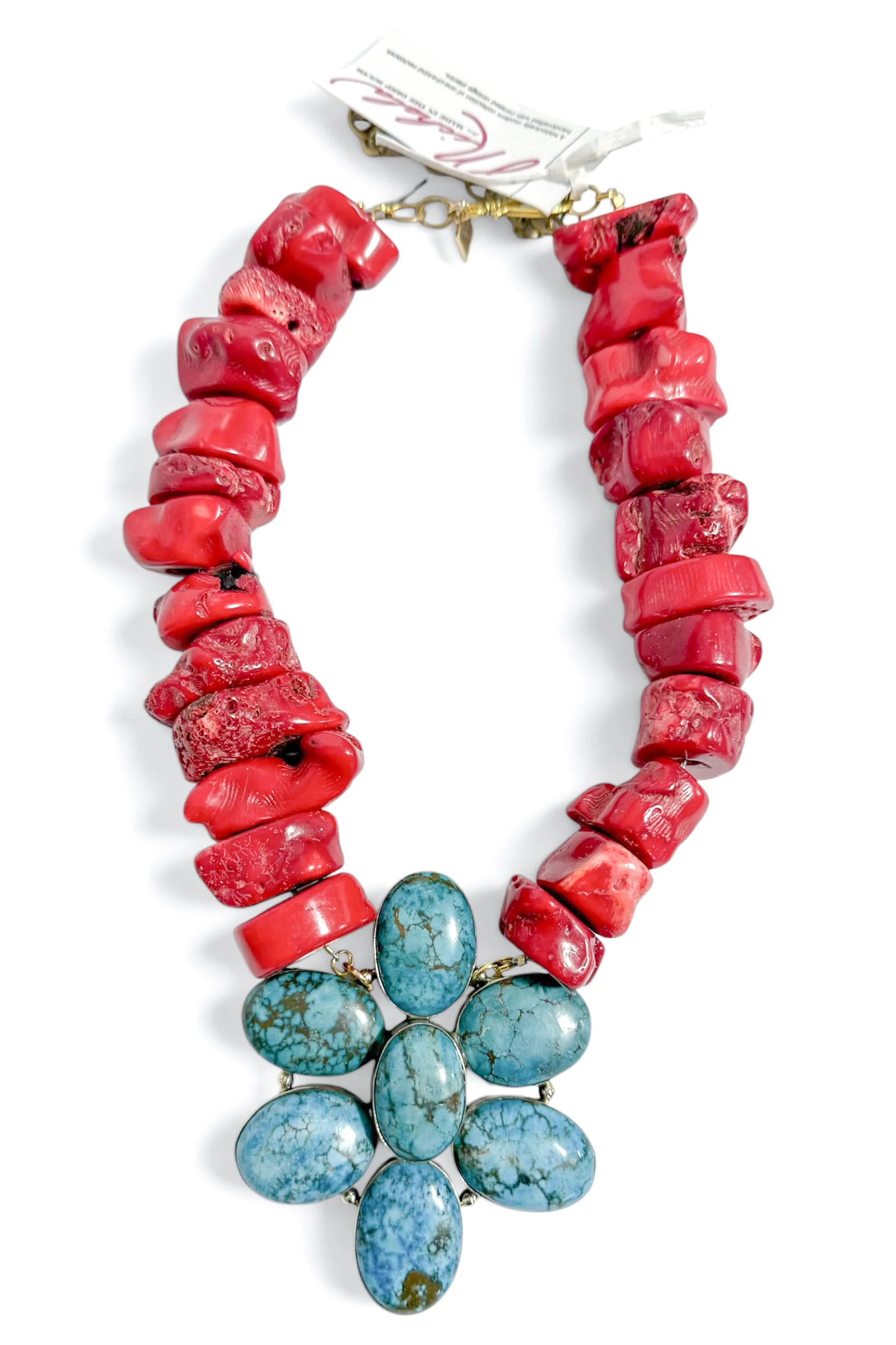 Made In The Deep South 1960s Turquoise Pendant 1960s Red Coral Beads Necklace
