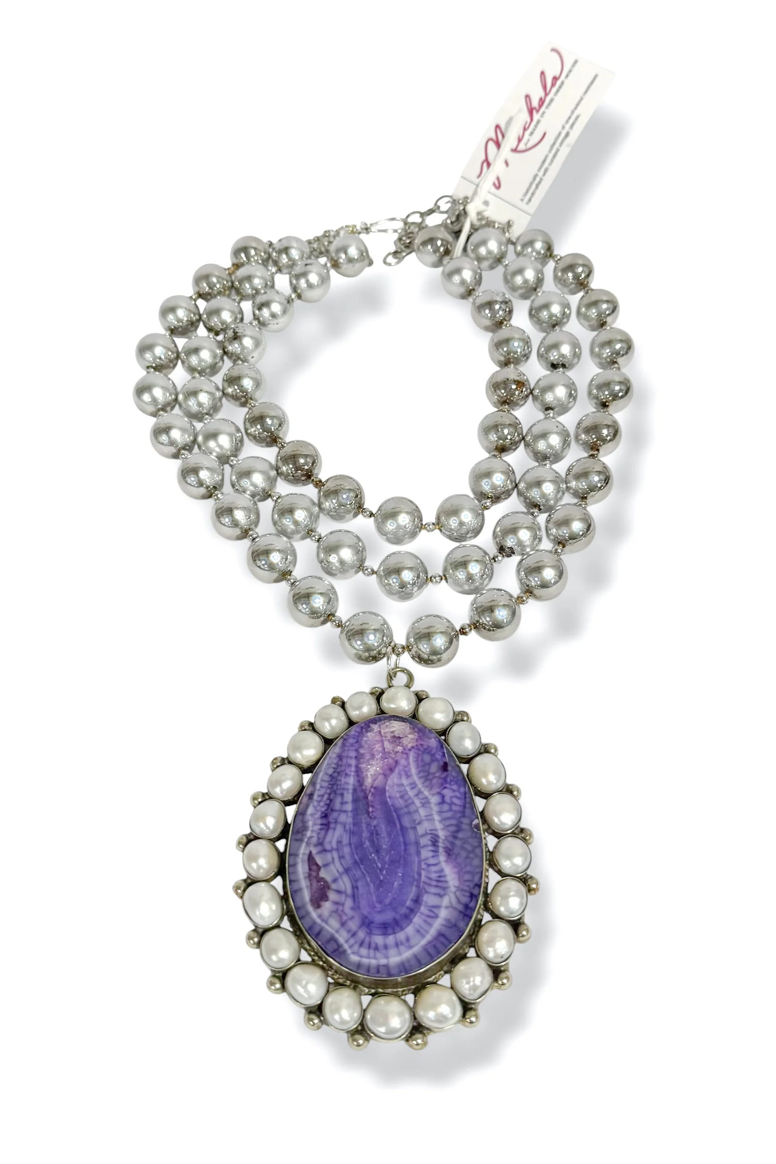 Made In The Deep South 1970s Agate & Pearl Pendant 1970s Necklace